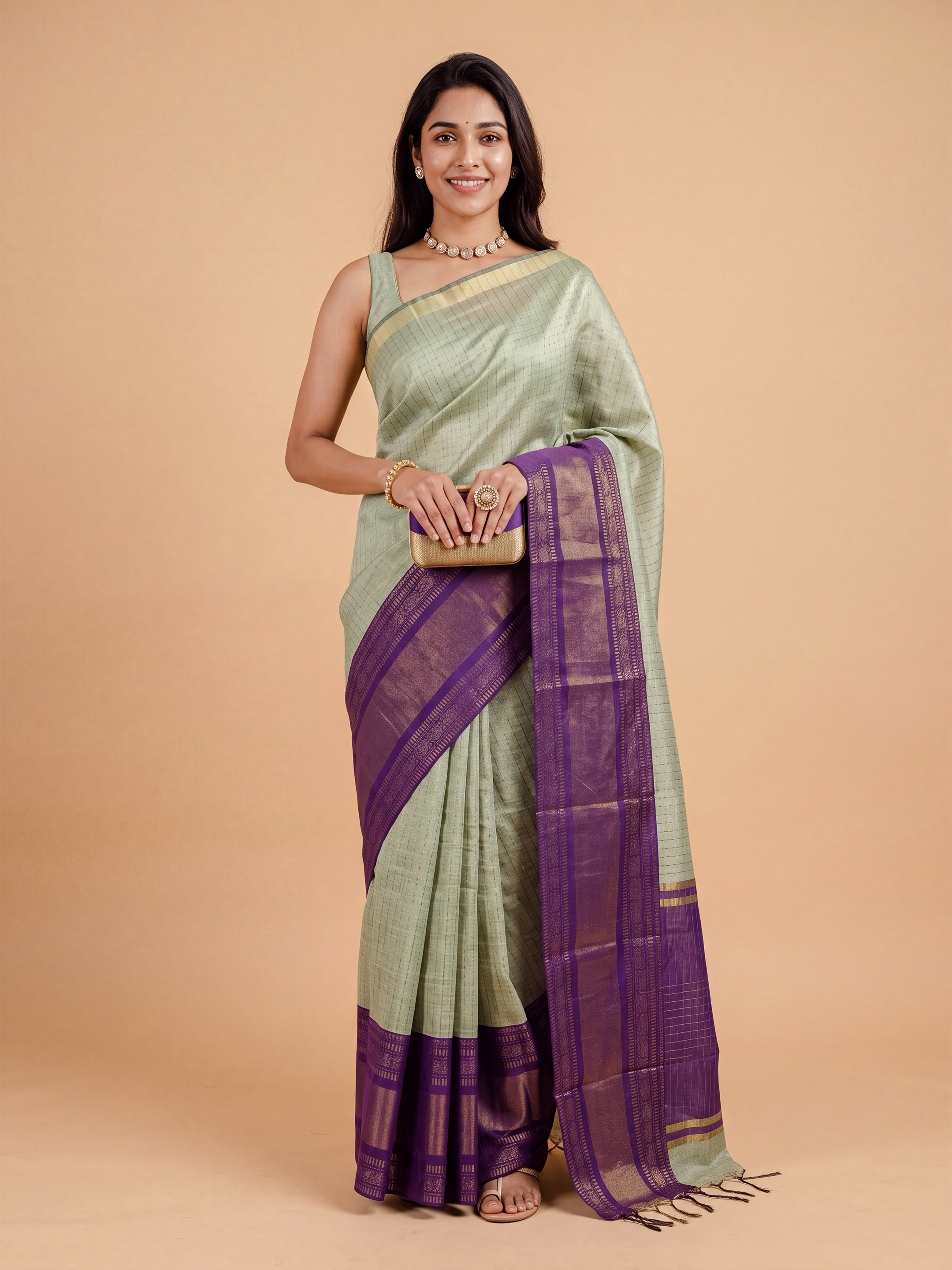 Women Semi Linen Green Checked Fancy Saree SL261