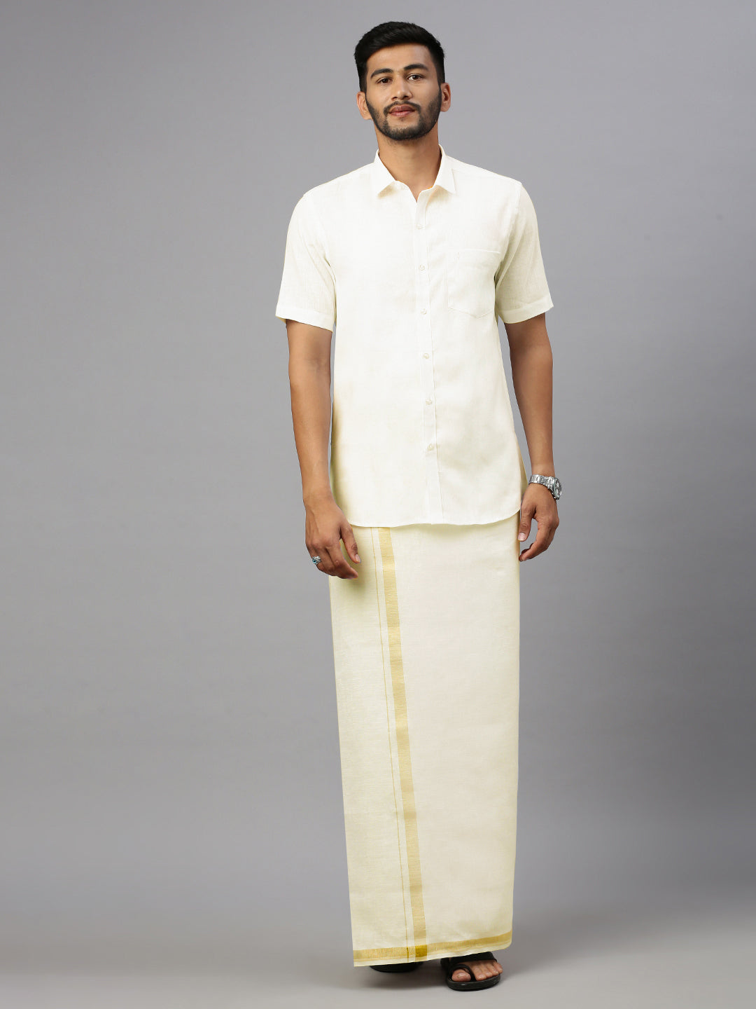Men Pure Linen Double Layer Cream Dhoti with Gold Jari Border