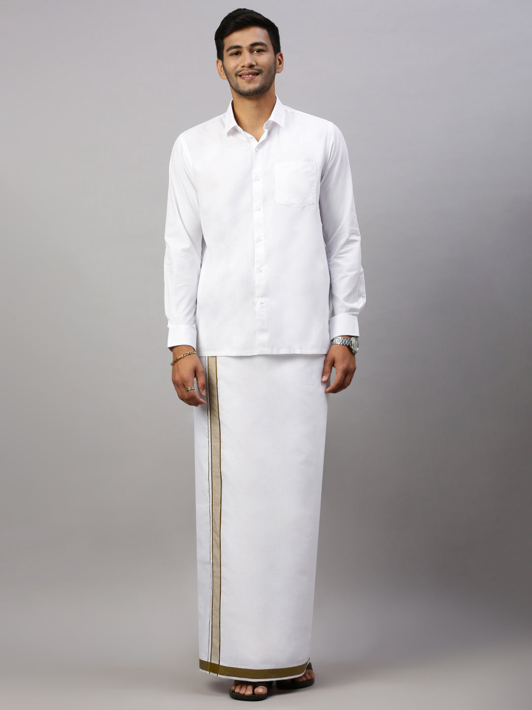 Men Cotton Blend Single Layer White Dhoti with Fancy Border WP21