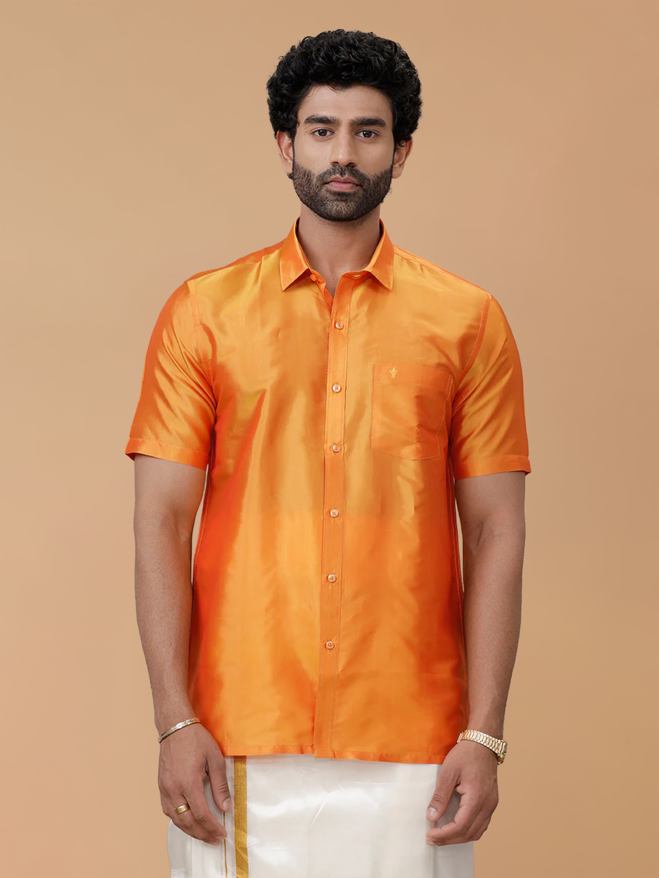 men's orange dress shirt Buy Mens Pure Silk Half Sleeves - Golden this shiny satin dress formal casual striped shirt Variant:Vitamin E As Is Lace and