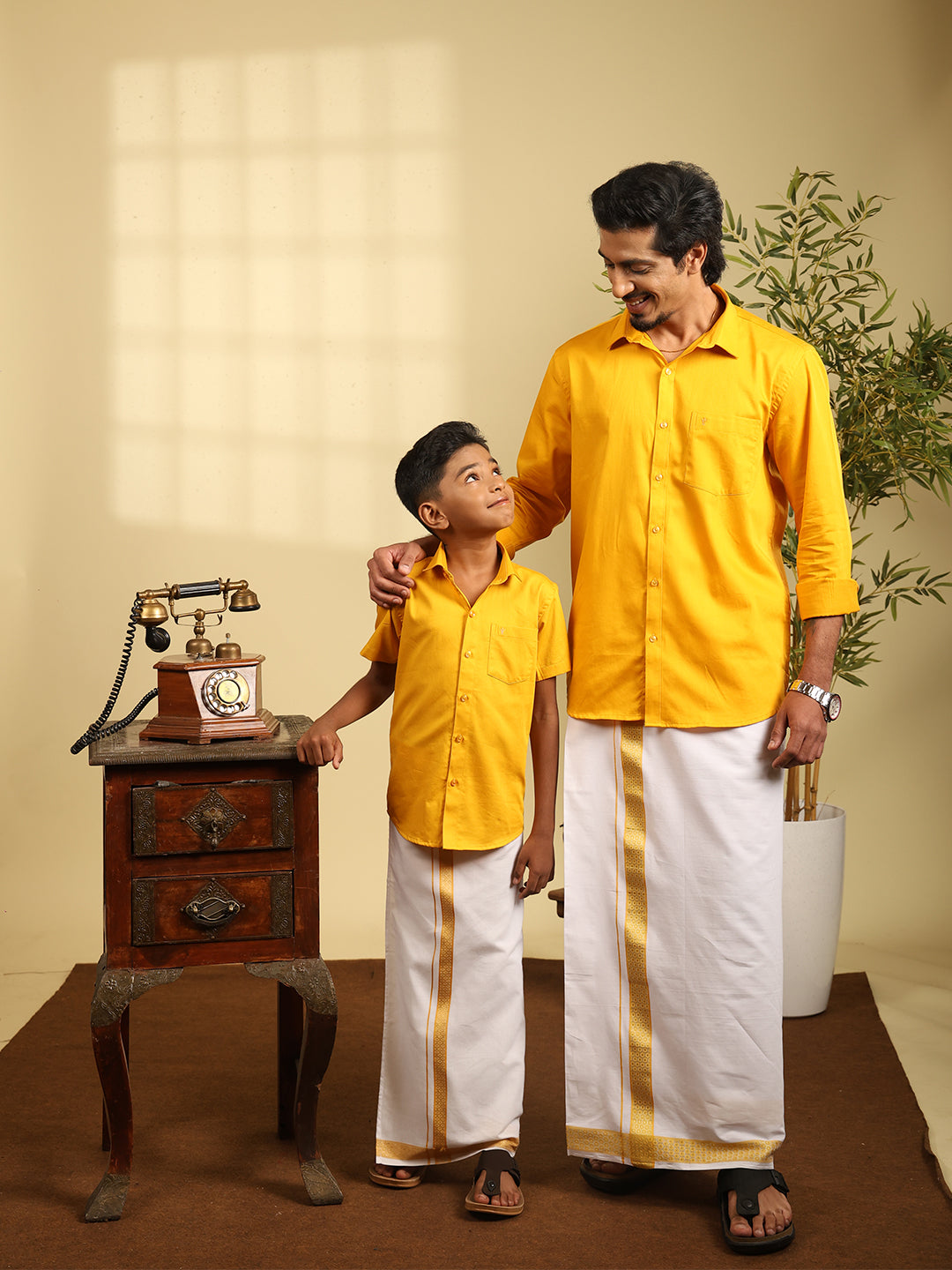 Like Father Like Son Matching Border Dhoti with Shirt Combo Set Orange BT4