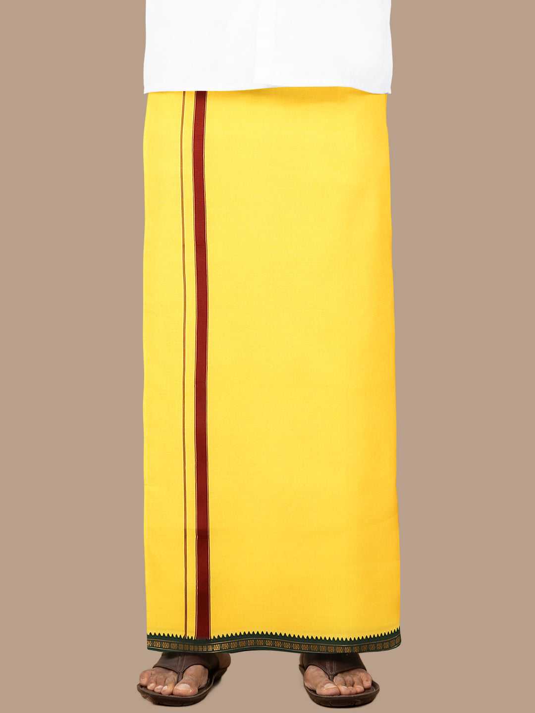 Men 100% Cotton Single Layer Yellow Dhoti with Mayilkhan Border Slokam (4 Way Dhoti )