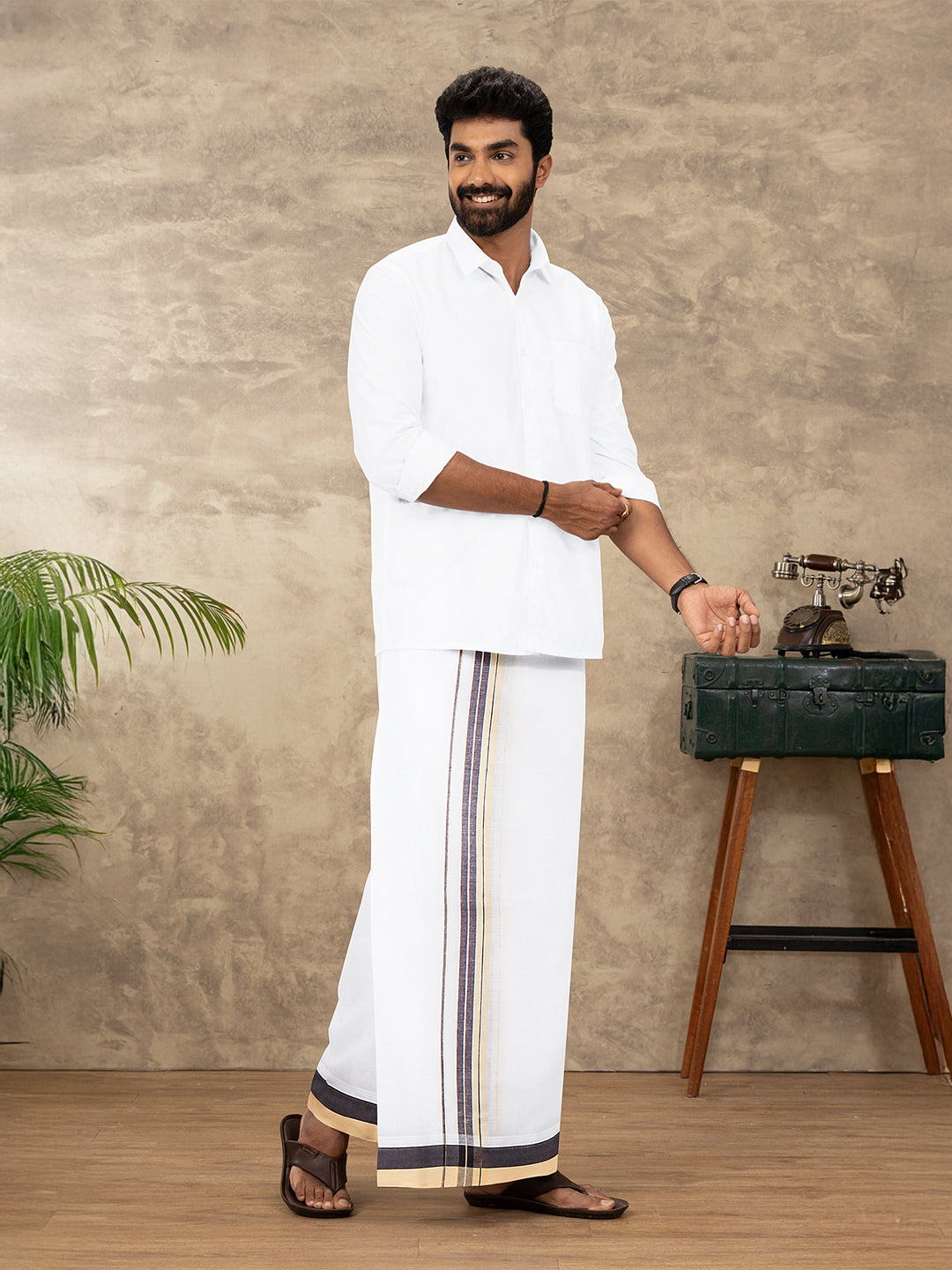 Men 100% Cotton Double Layer White Dhoti with Fancy Jari Border EJF6