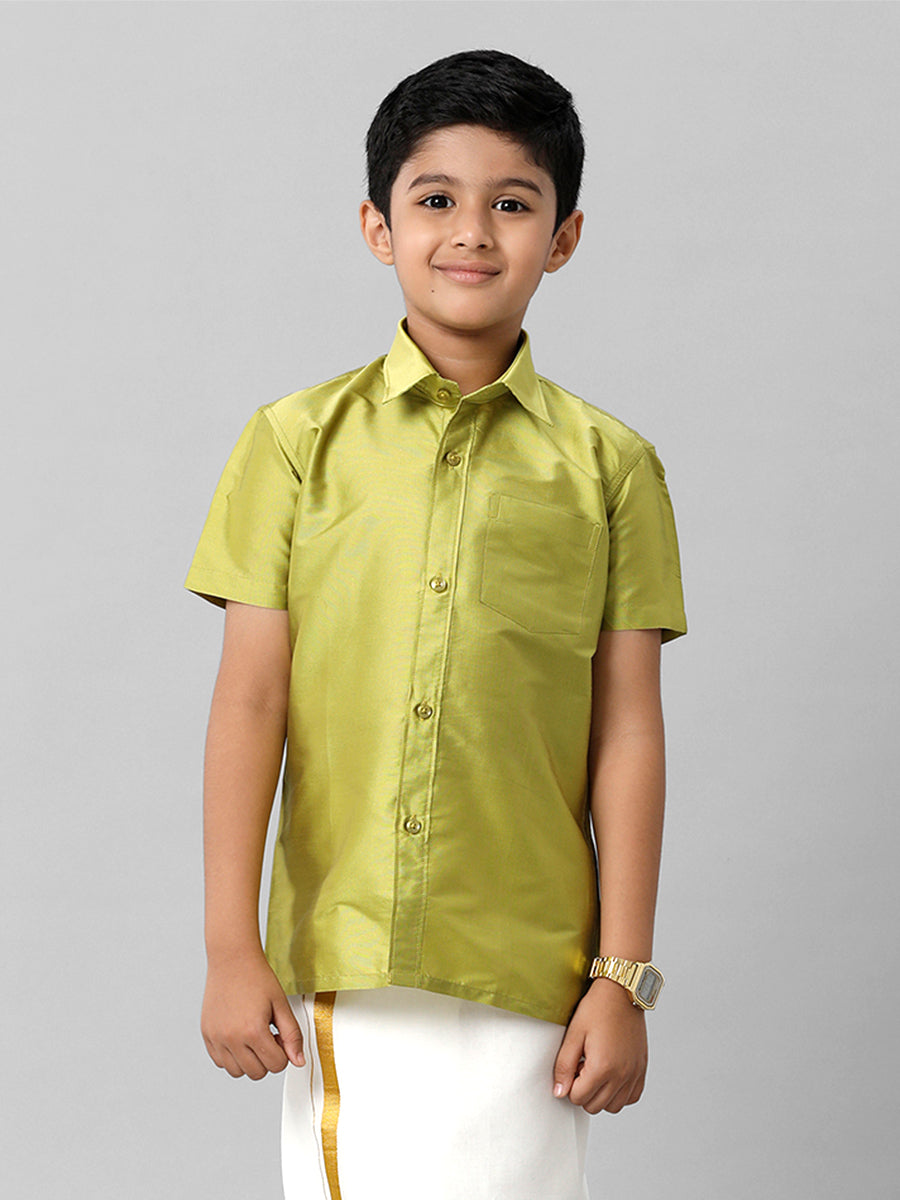 Boys Silk Cotton Lemon Green Half Sleeves Shirt K44