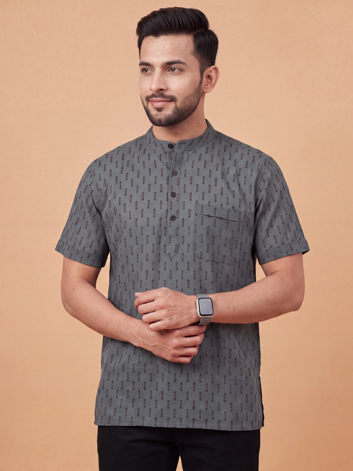 Cotton Short Length Printed Purple Grey Pocket Kurta RN10