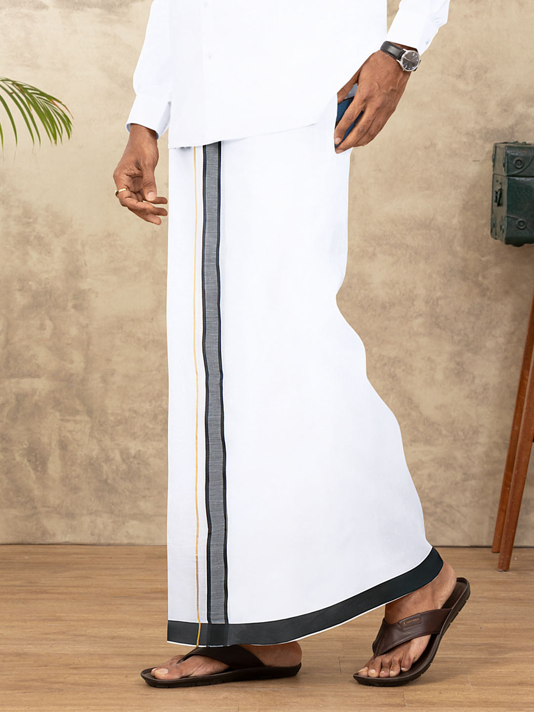 Men Cotton Blend Readymade Double Layer White Dhoti with Fancy Jari Border GFDA04