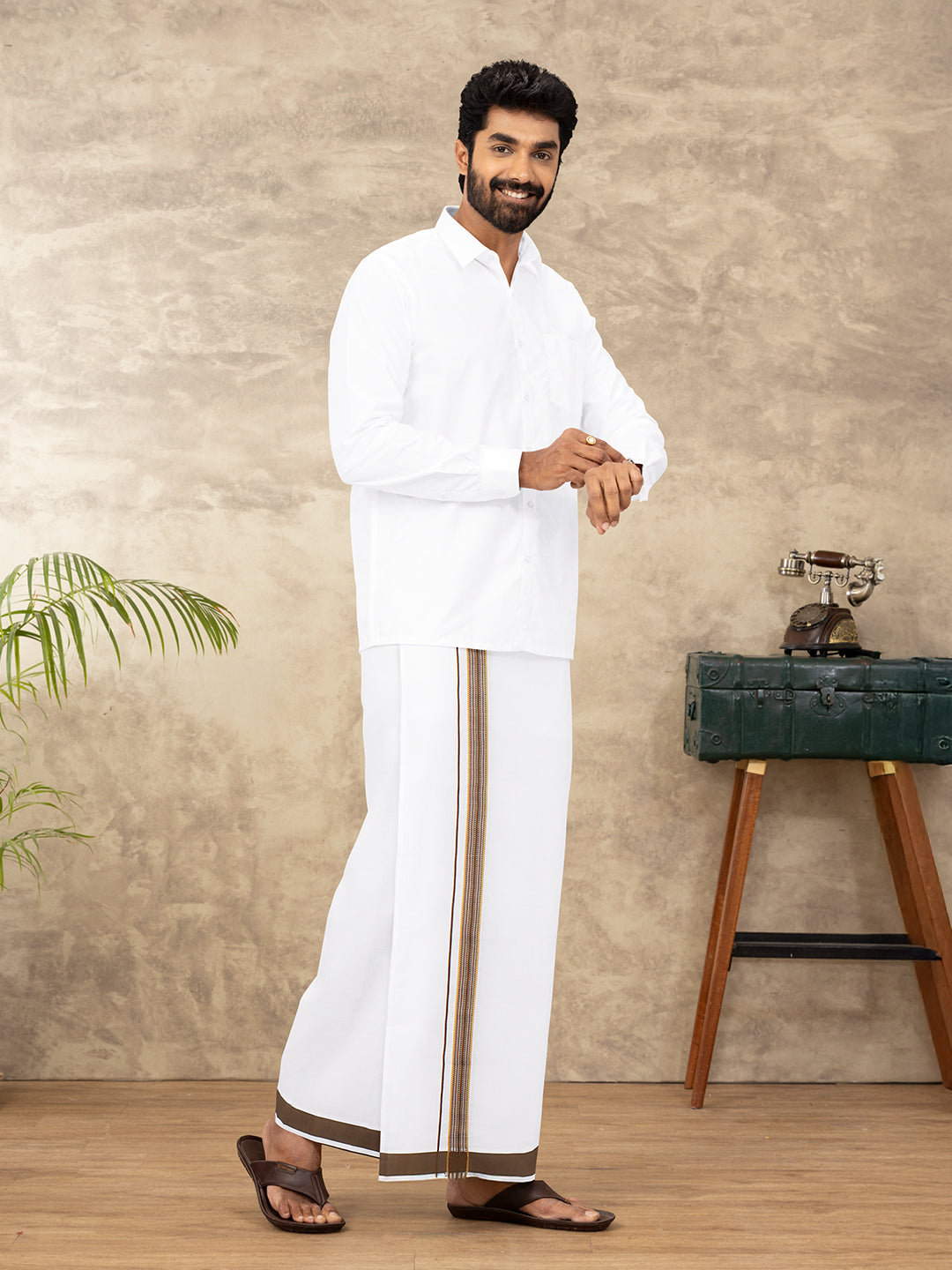 Men Cotton Blend Single Layer White Dhoti with Fancy Jari Border WGF08
