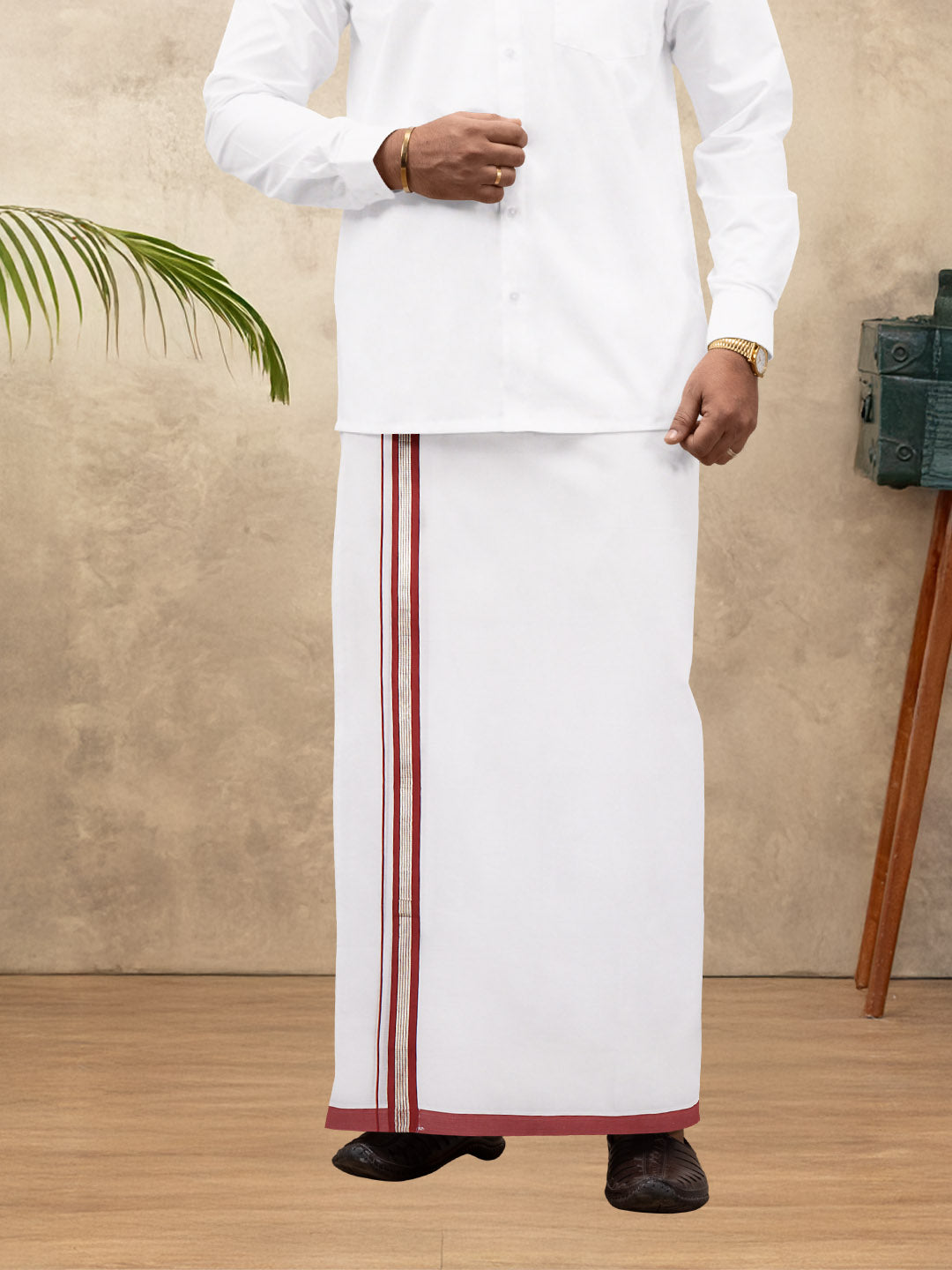 Men 100% Cotton Double Layer White Dhoti with Fancy Jari Border RG04