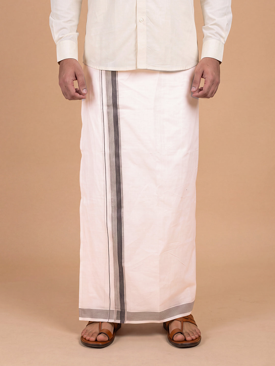 Double Layer Kora Cotton Cream Dhoti with Colour Jari Border - Excel 3.9m ESJ01