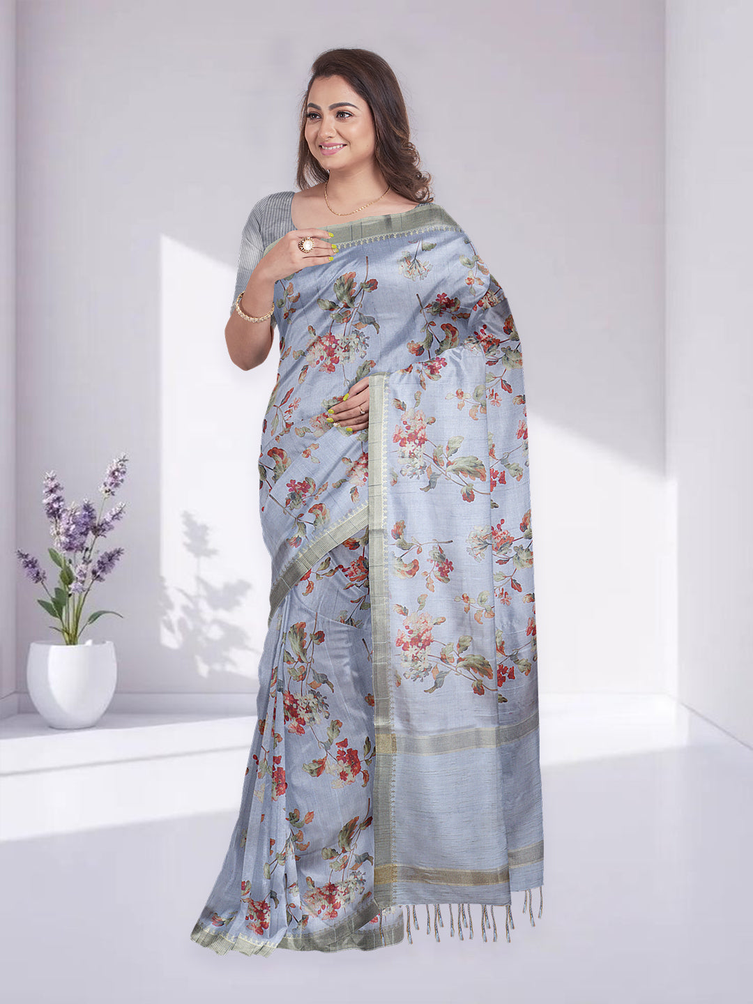 Women Lavender Semi Raw Silk Printed Saree SRS107