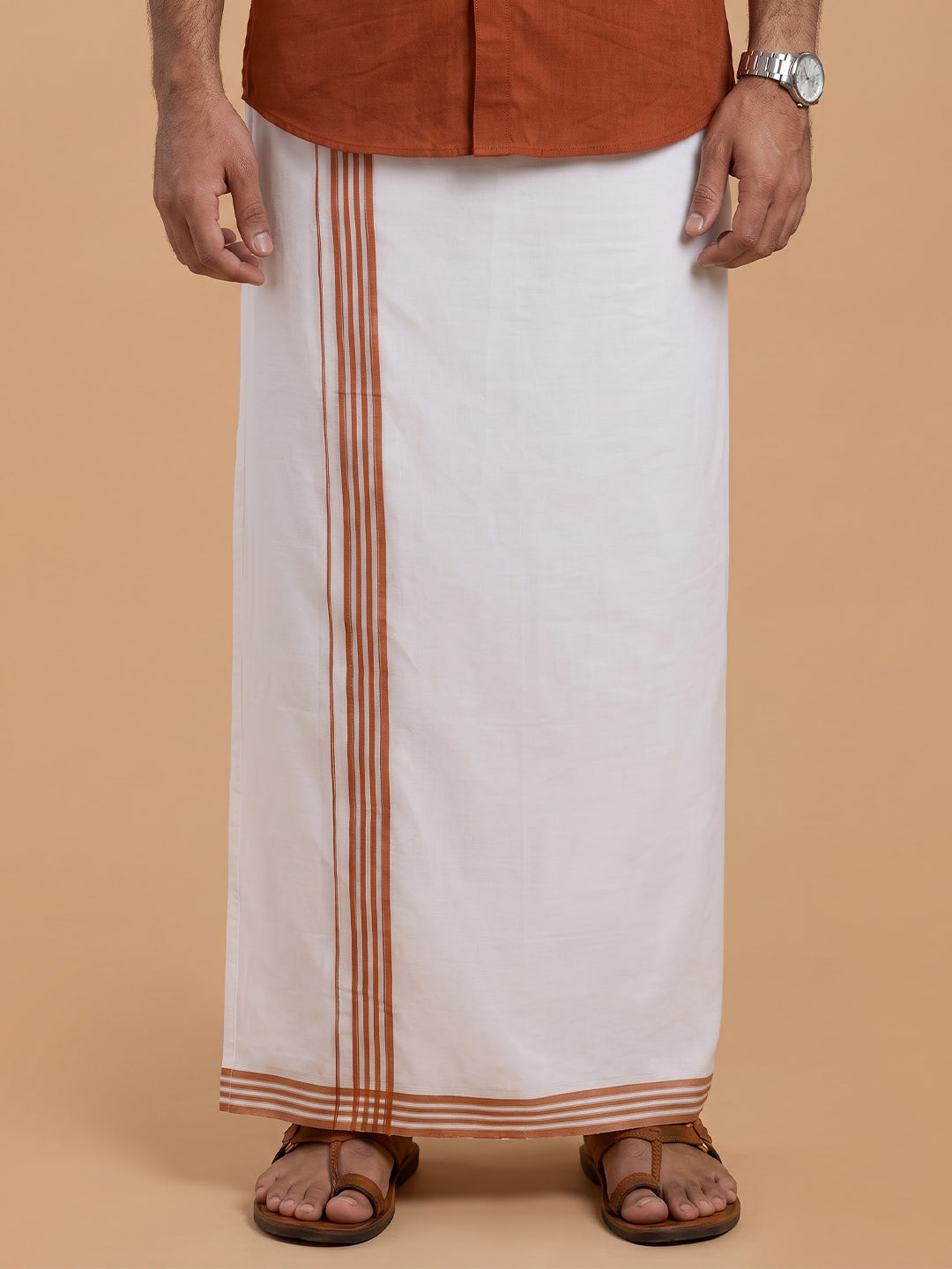 Double Layer 100% Cotton White Dhoti with Colour Border - PJF07