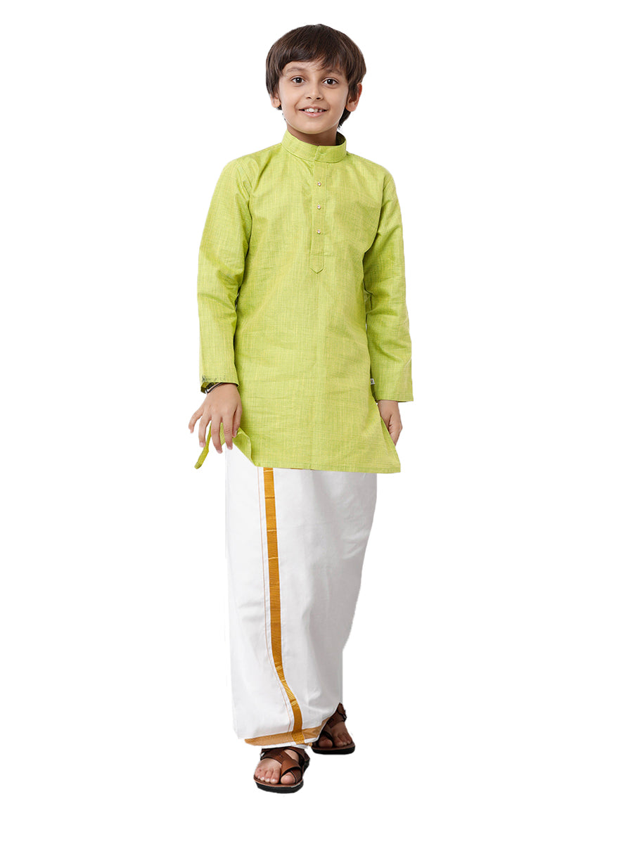 Like Father Like Son Parrot Green Kurta and Gold Jari White Dhoti Combo FS2-Kid front view