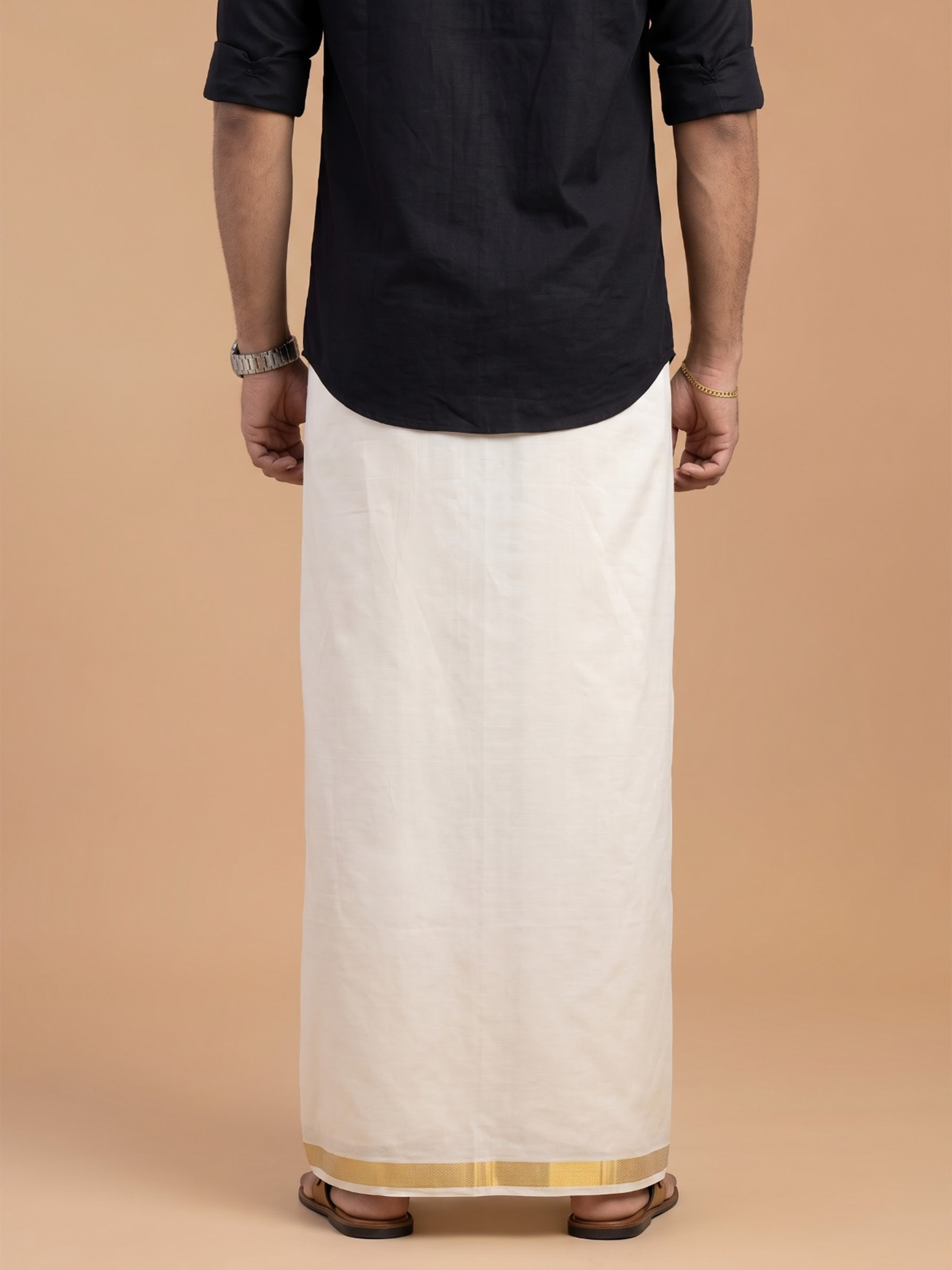 Double Layer Kora Cotton Cream Dhoti with Colour Border - HF Gold HFG01