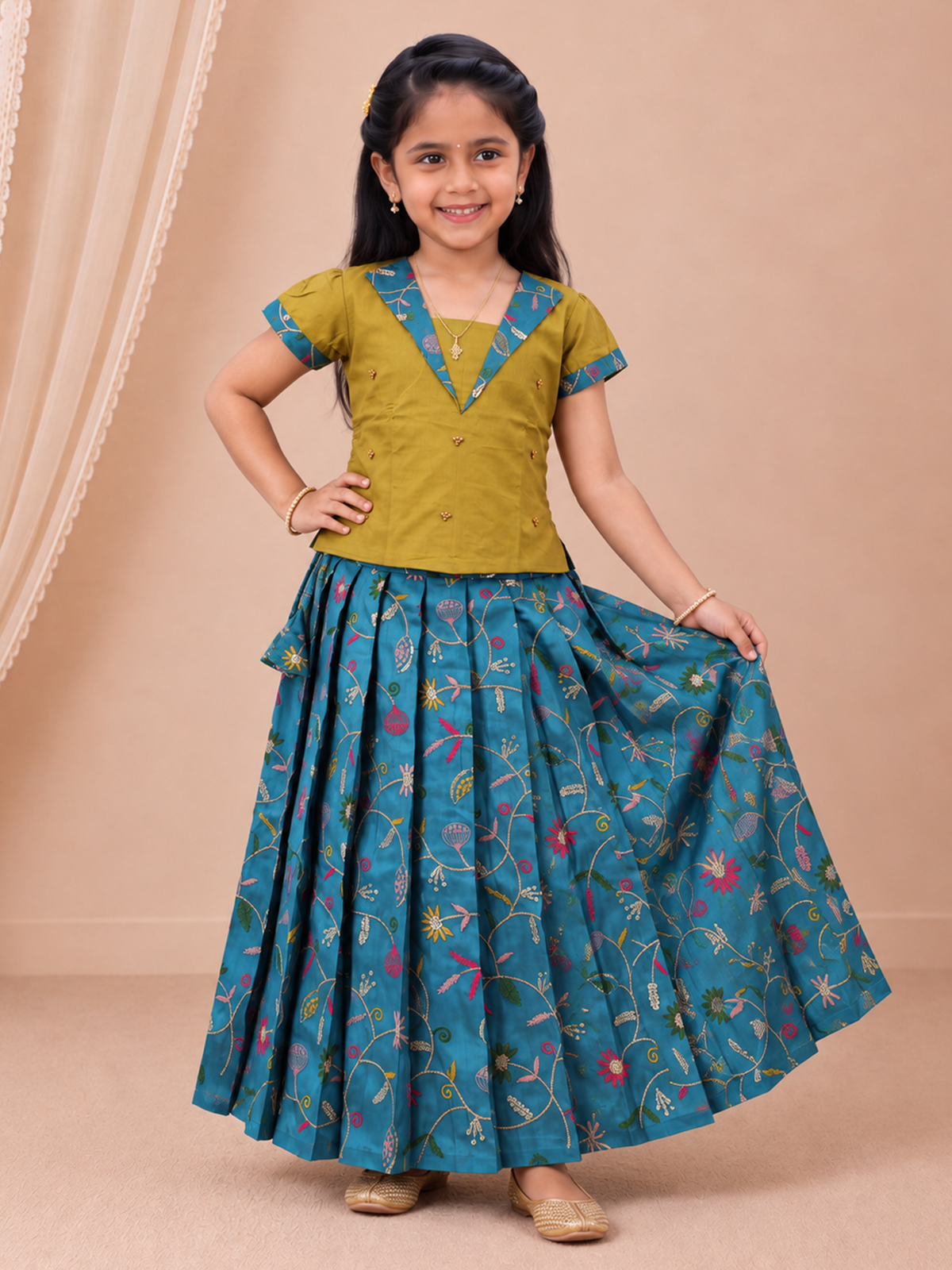 Girls Tissue Mustard With Blue Pattu Pavadai Set GPS69