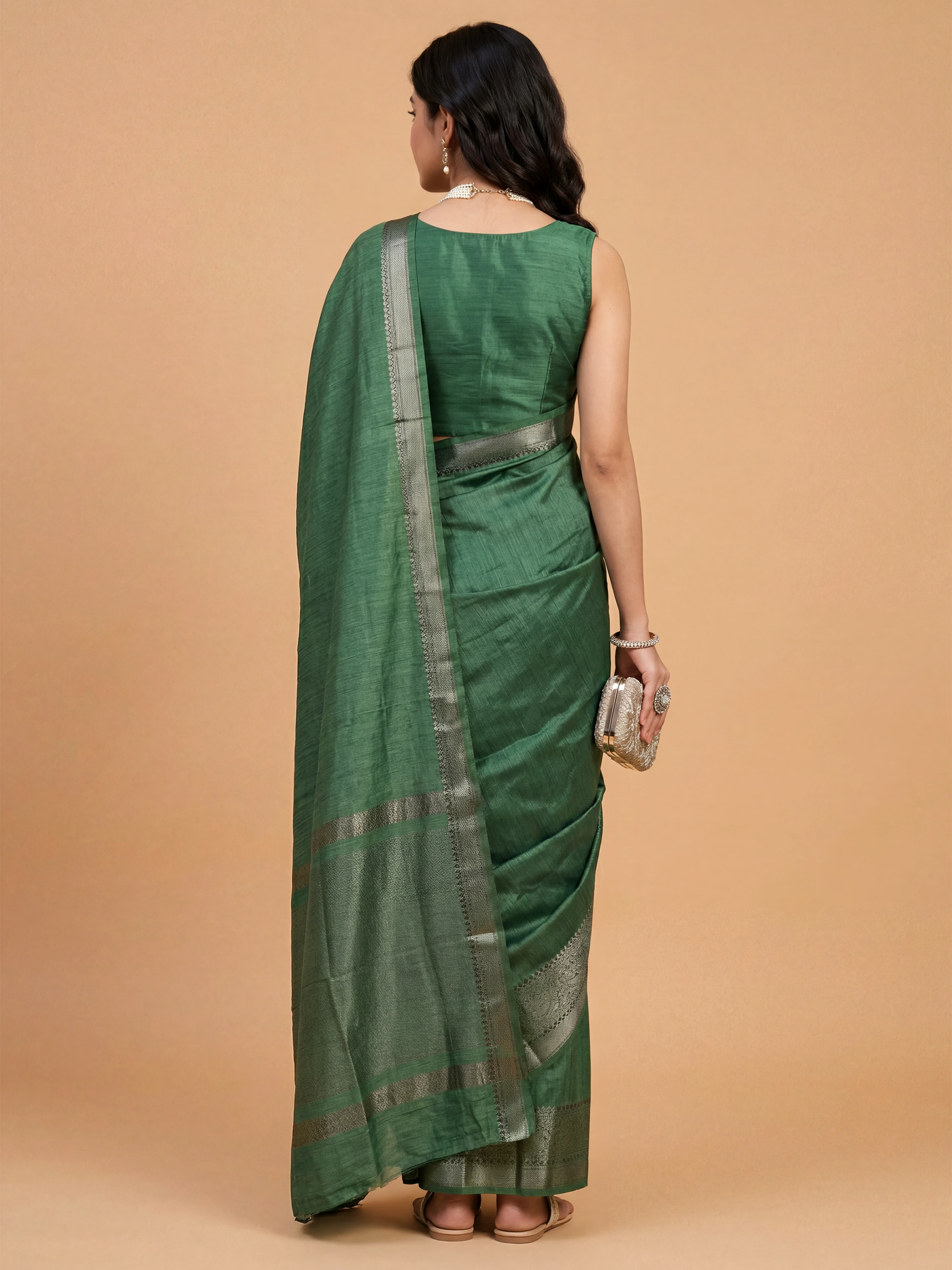 Women Semi Tussar Green Saree ST338
