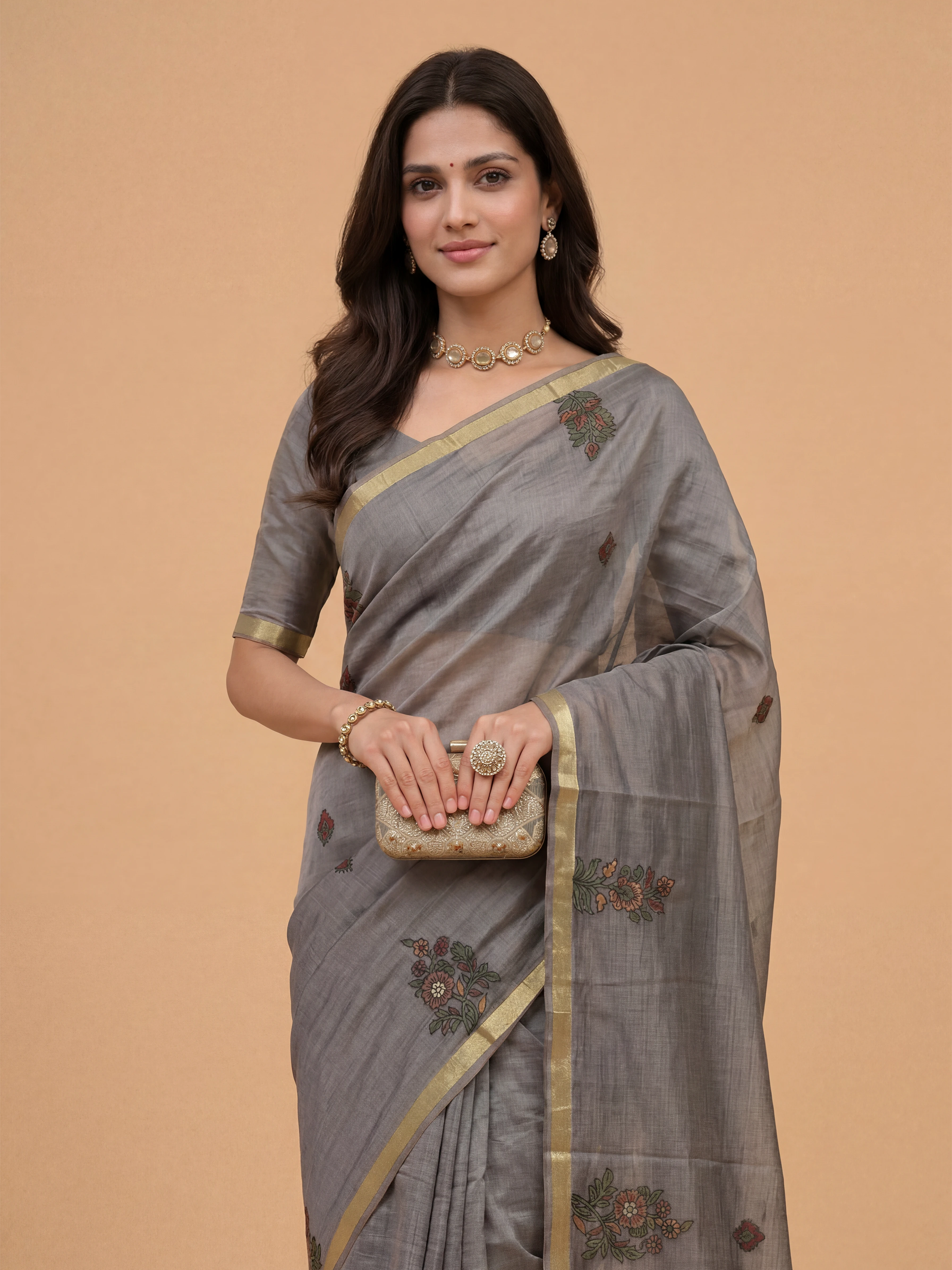 Women Pure Cotton Printed Grey Saree PCS268