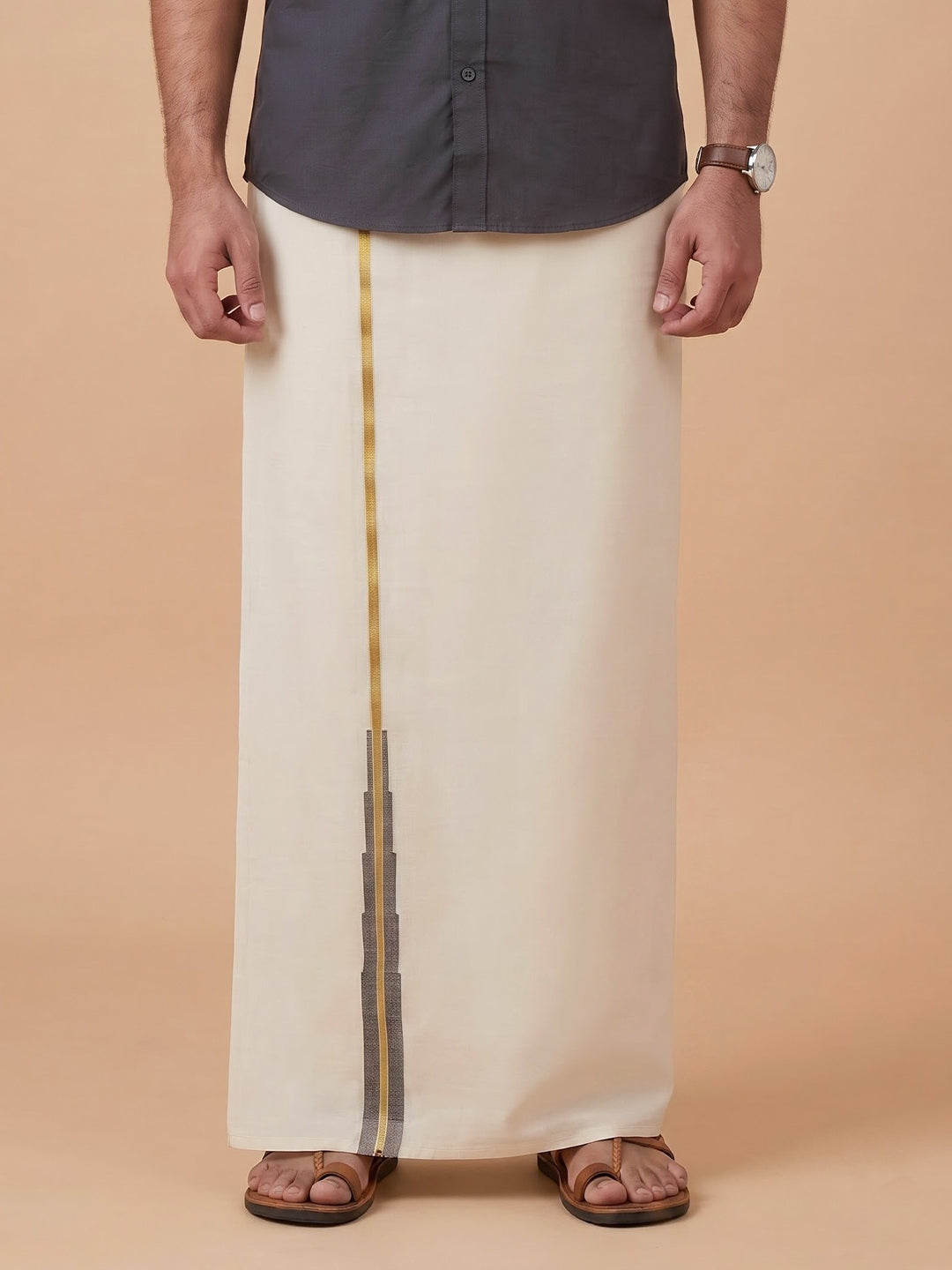 Double Layer 100% Cotton Cream Kora Dhoti with Colour Jari Border - LC52
