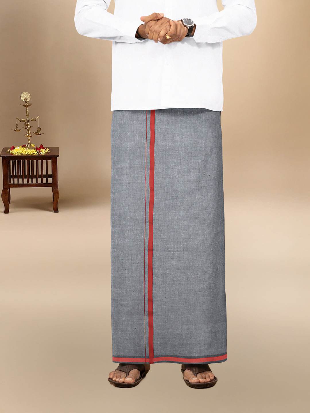 Men Cotton Blend Single Layer Grey Dhoti with Big Border YSG03