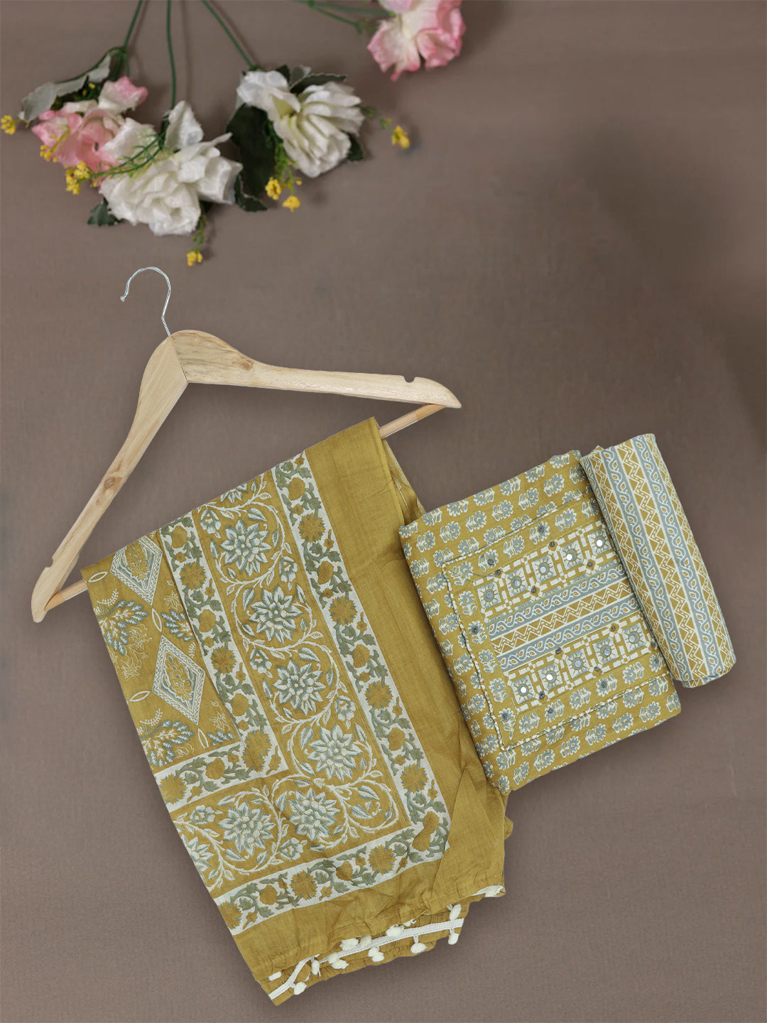 Women Pure Cotton Dress Material Yellow DM333