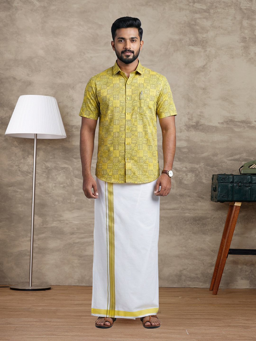 Men Lemon Yellow Matching Border Dhoti With Printed Shirt Set Fusion PS29