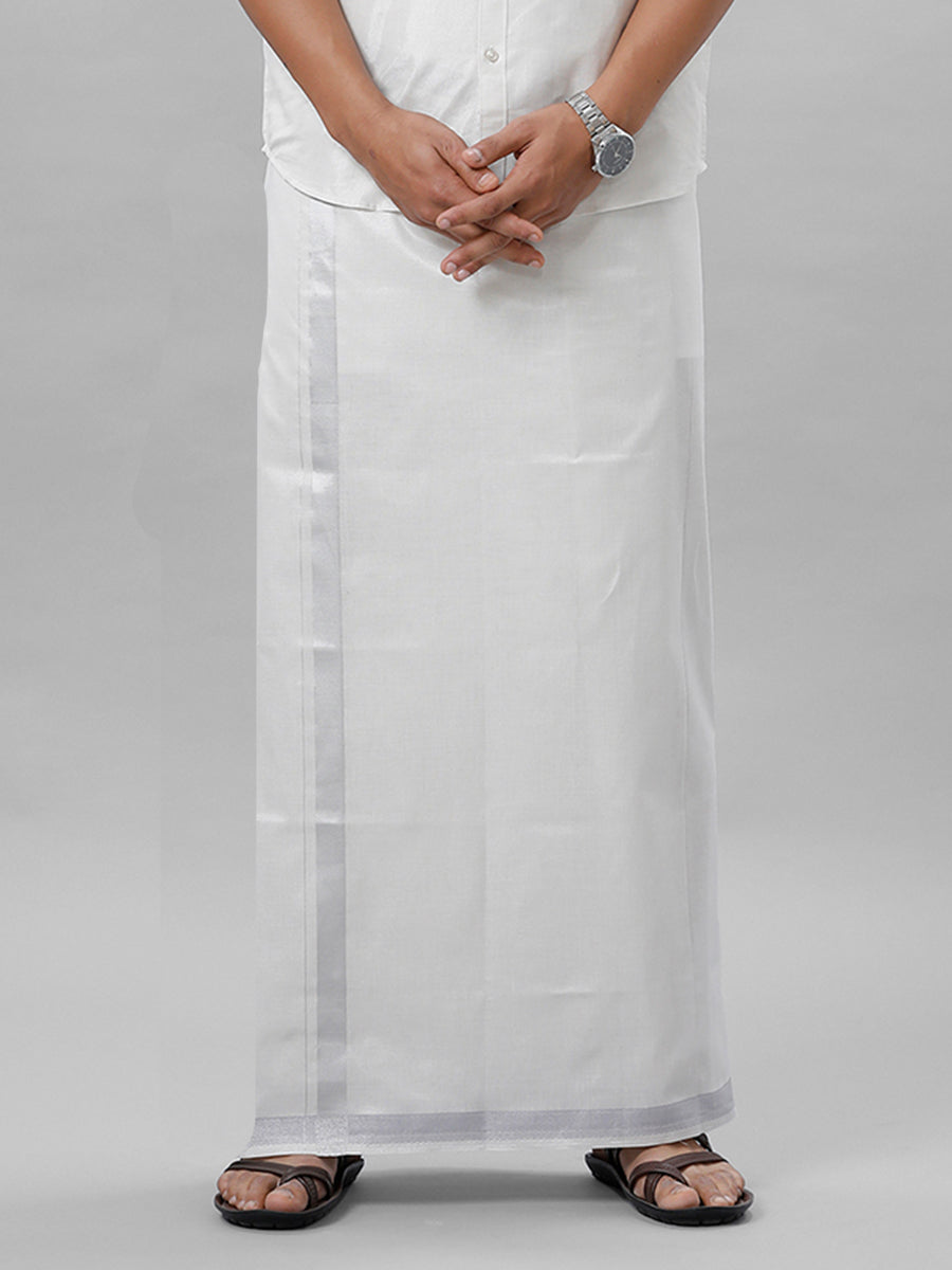 Mens Regular Single Tissue Dhoti with Silver Jari Border Extreme 1 Silver