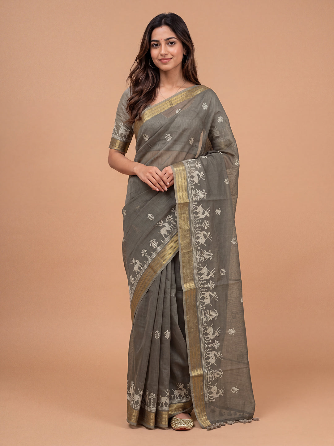 Women Semi Linen Greyish Green Embroidered Saree SL273