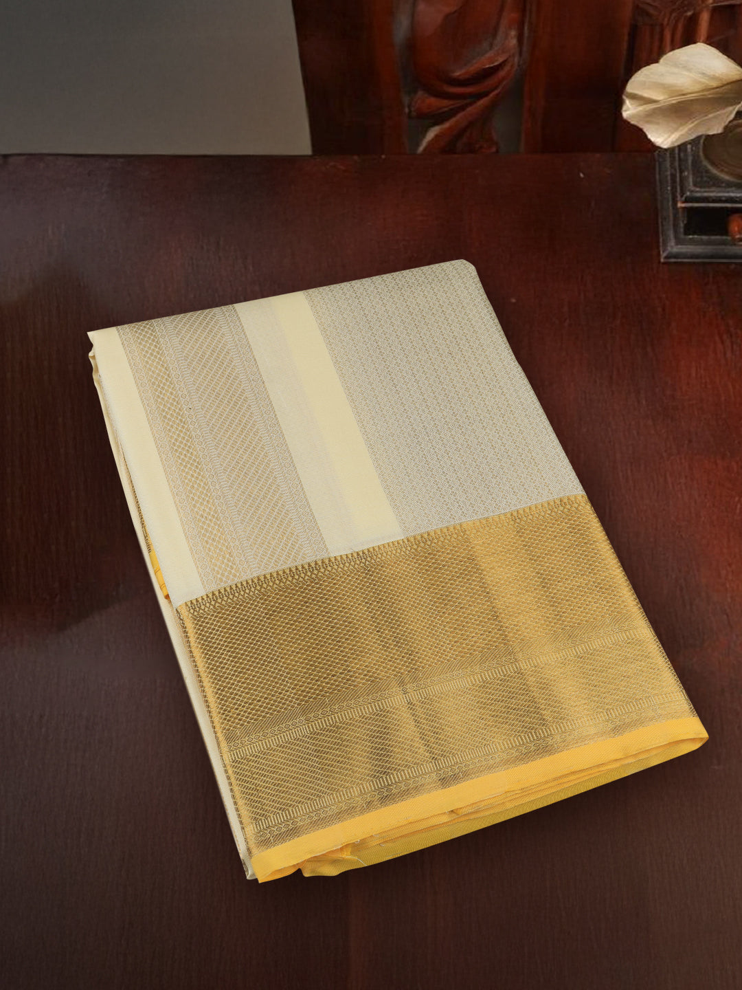 Men Premium Pure Silk Cream  Dhoti & Towel Set with 6" inch Gold Jari Border Amirtham AM15