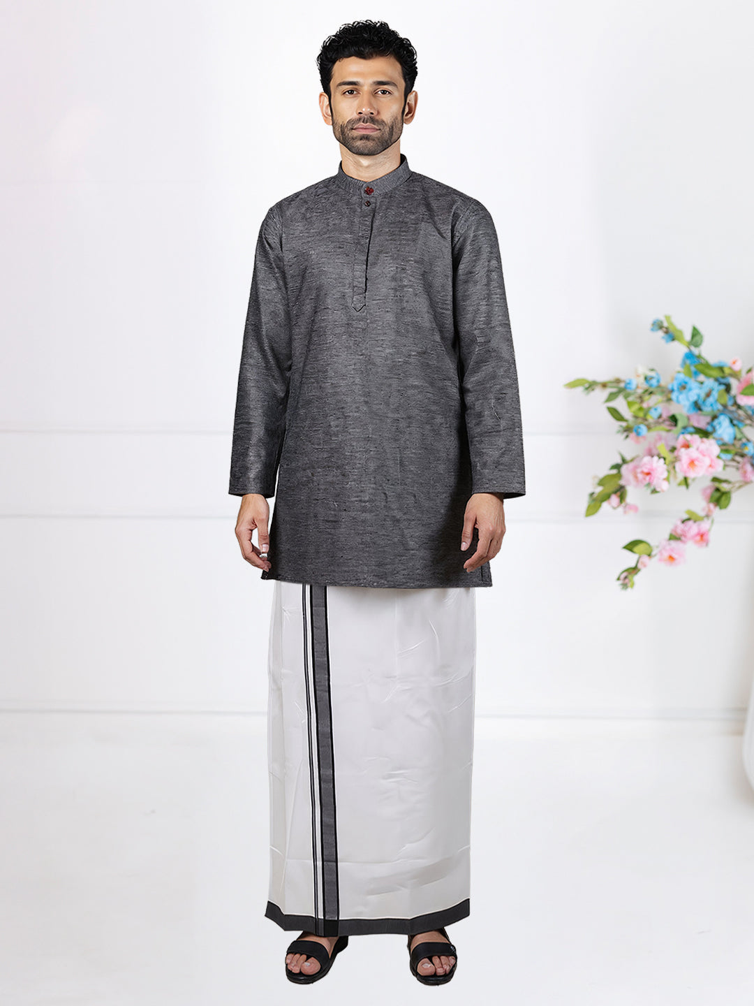 Men Mid Grey Medium Length Kurta with Matching Border Dhoti Set PC2