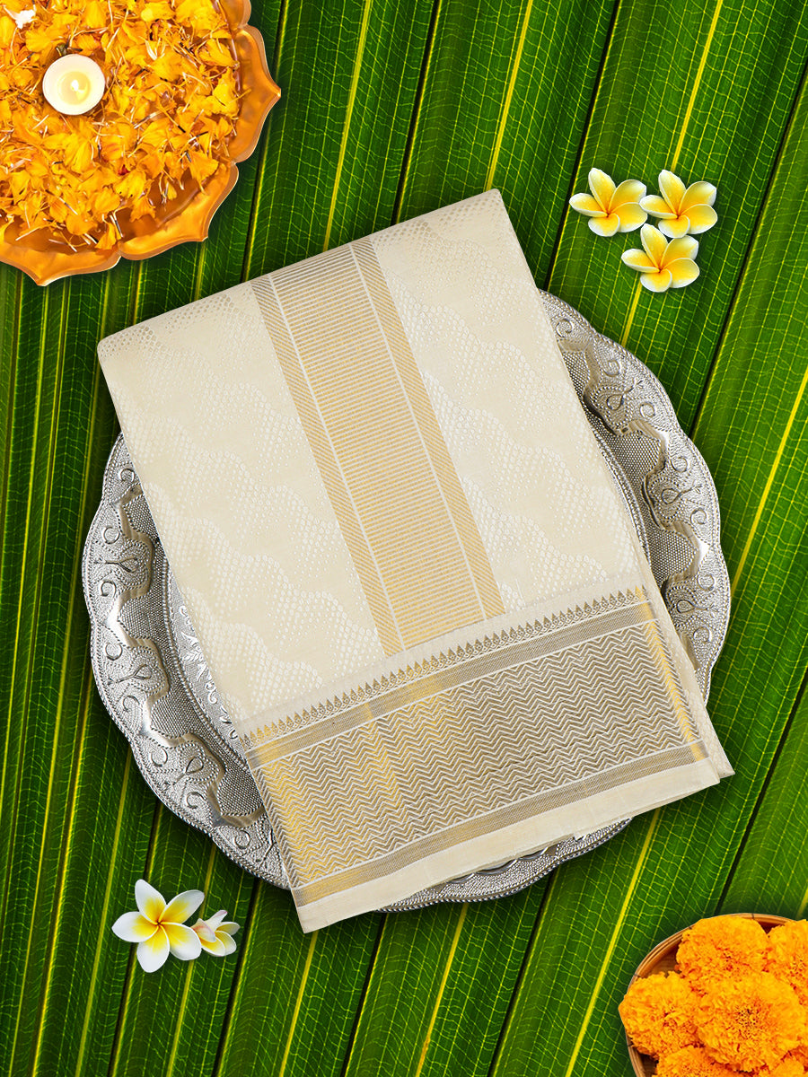 Premium Pure Silk Dark Cream Dhoti With Angavastram 5" Gold Jari Border Agarshanaa-View one