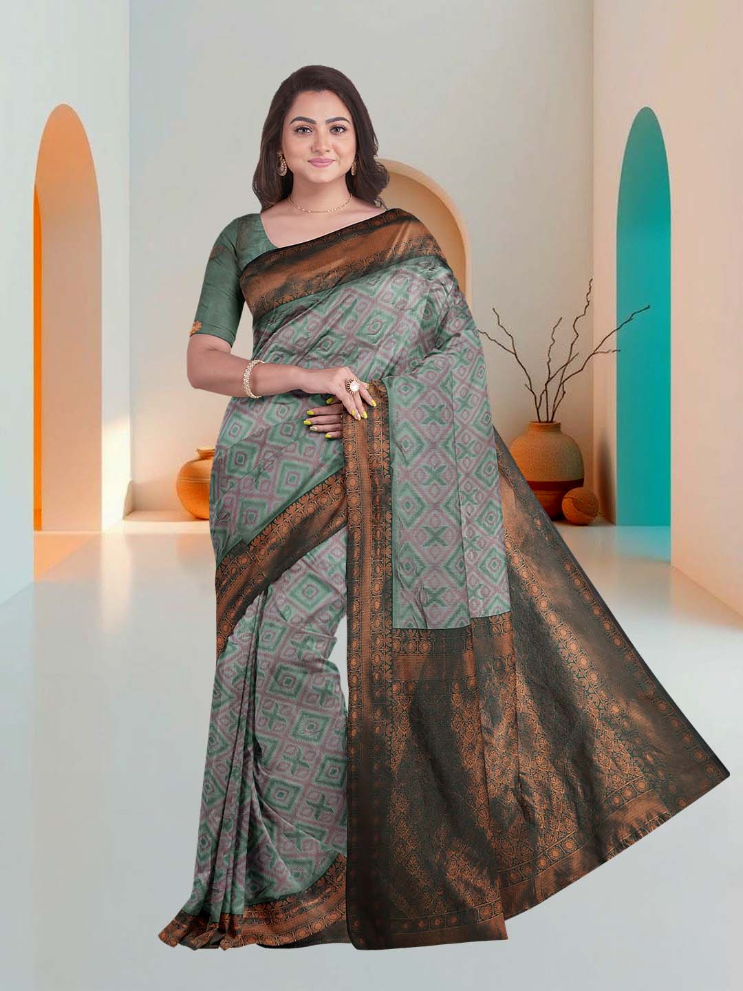 Women Green Art Silk Printed Saree ASS48