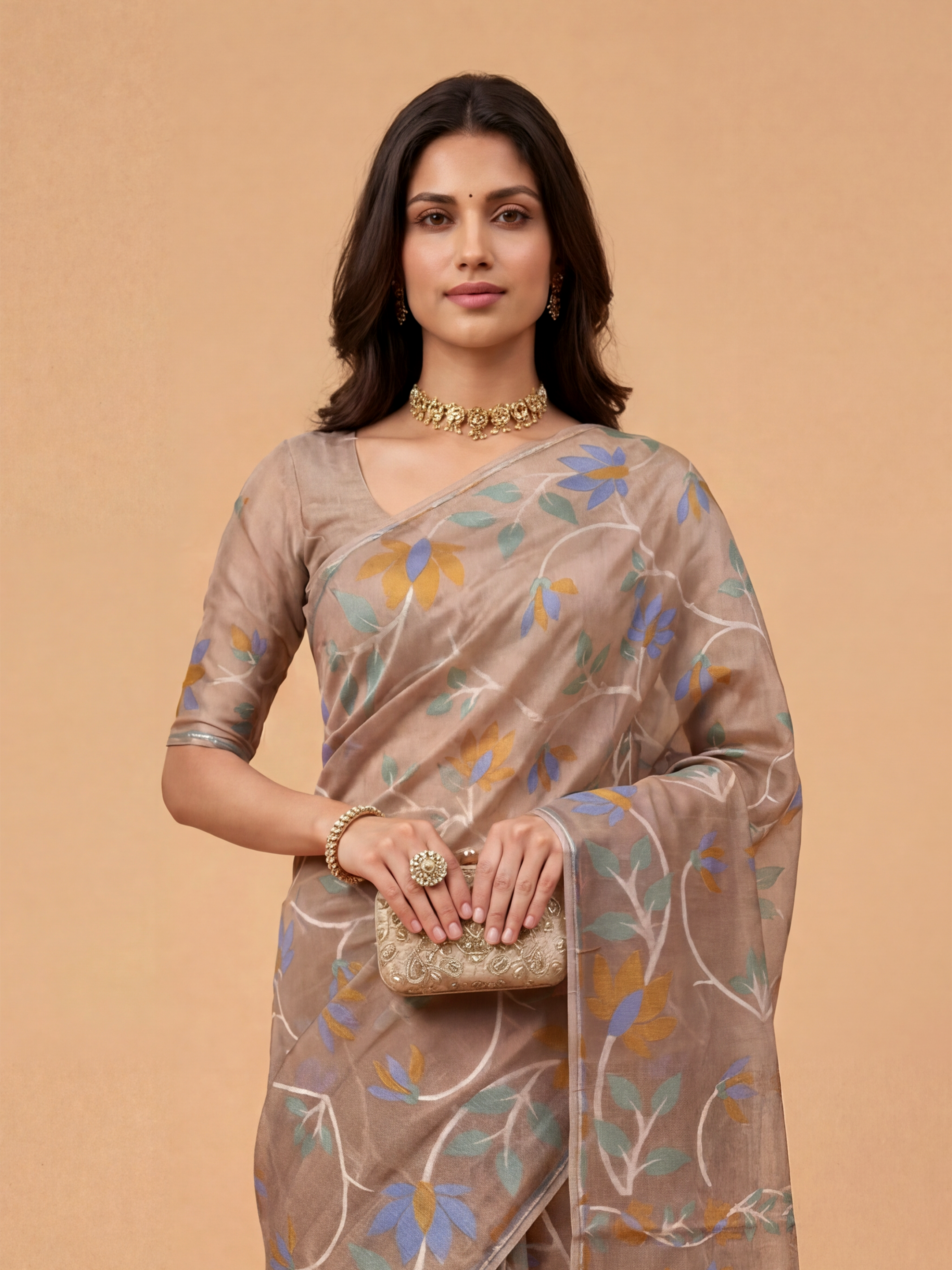 Women Semi Linen Printed Brown Saree SL252