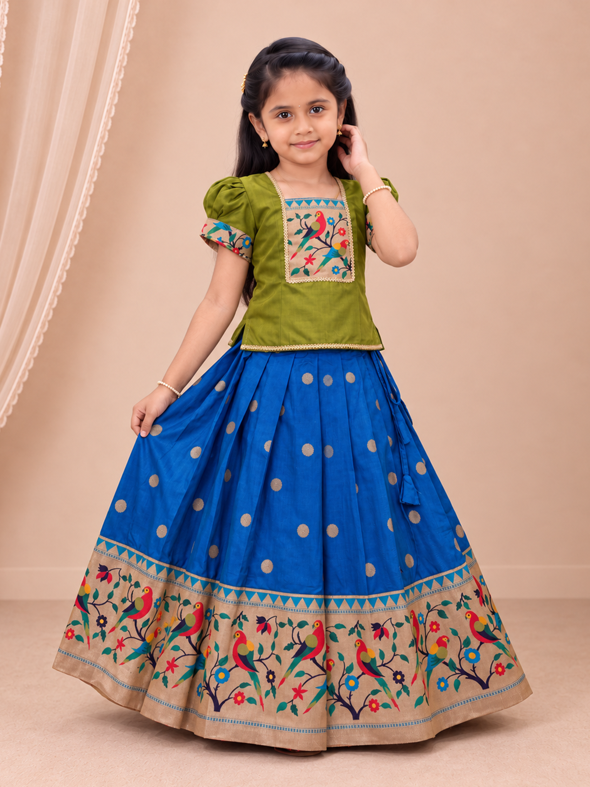 Girls Art Silk Green with Teal Blue Pattu Pavadai Set GPS76