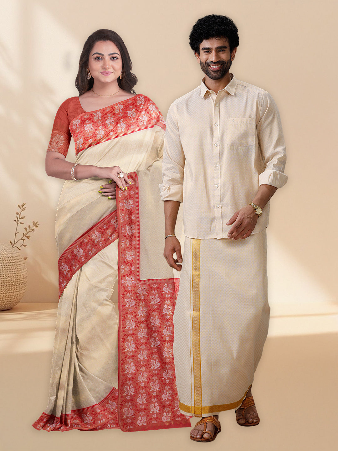 Couple Combo Shirt & Dhoti Set with Saree Gold ASS72