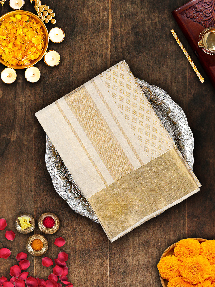 Premium Pure Silk Cream Diamond Design Tissue Jaquard Dhoti With Angavastram 4" Jari Border Agarshanaa-View one