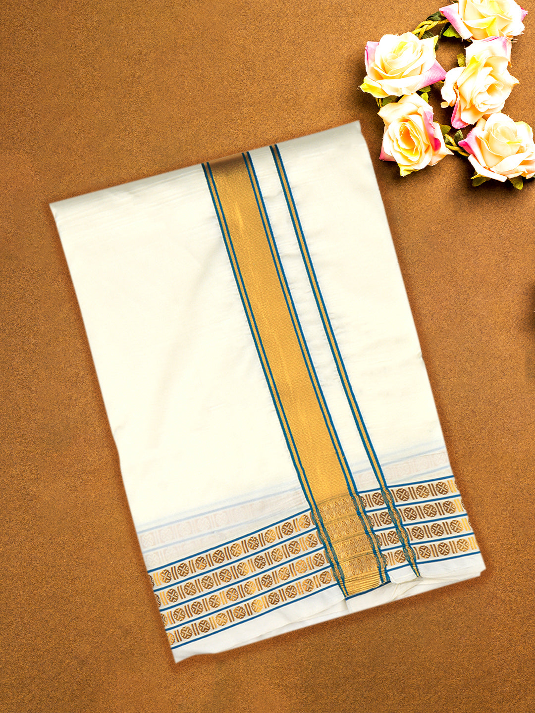 Men Art Silk Panchakacham with Angavashtram Cream(9+5)