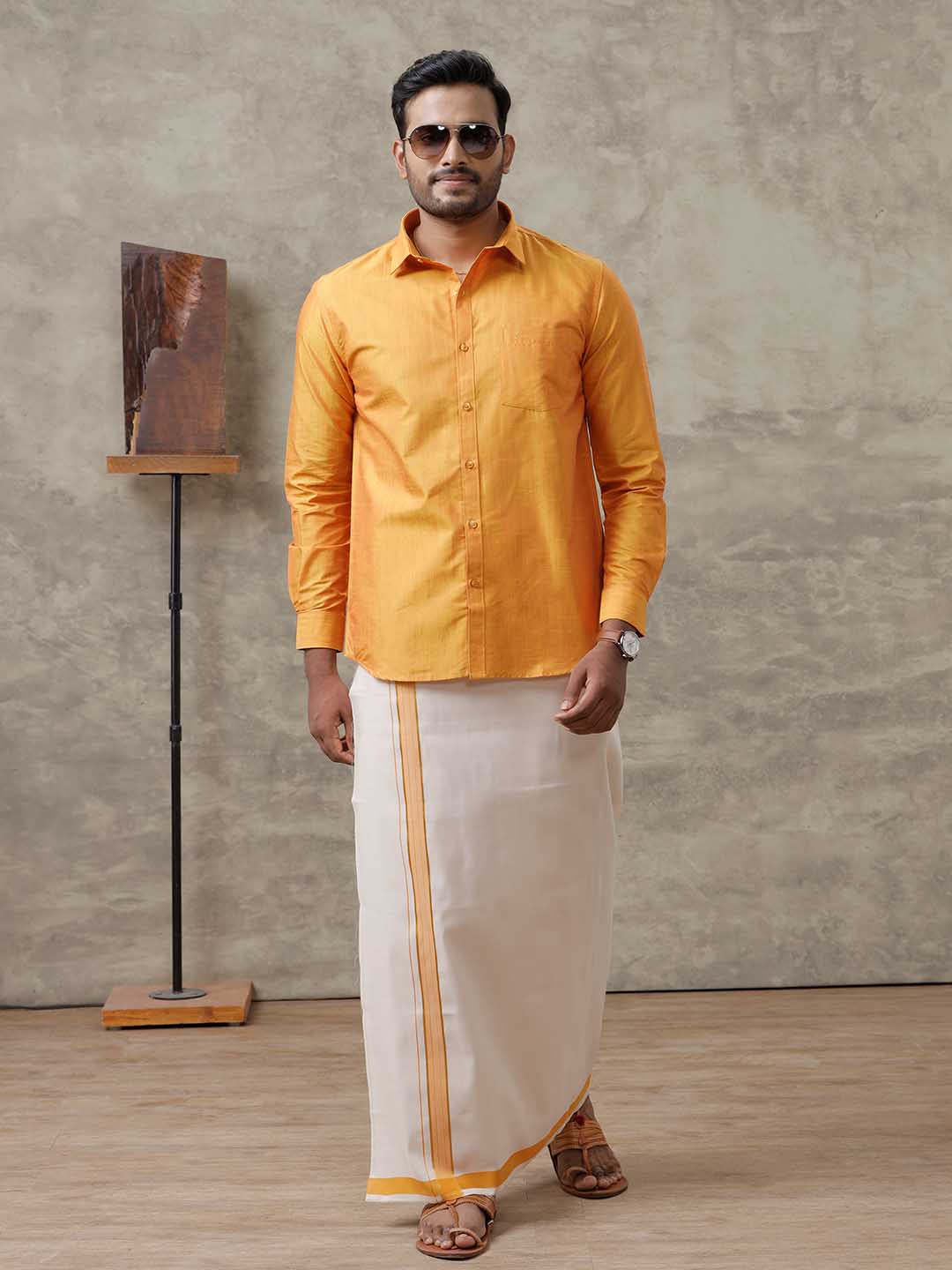 Men Cotton Blend Mustard Shirt and Tissue Dhoti Set VB2