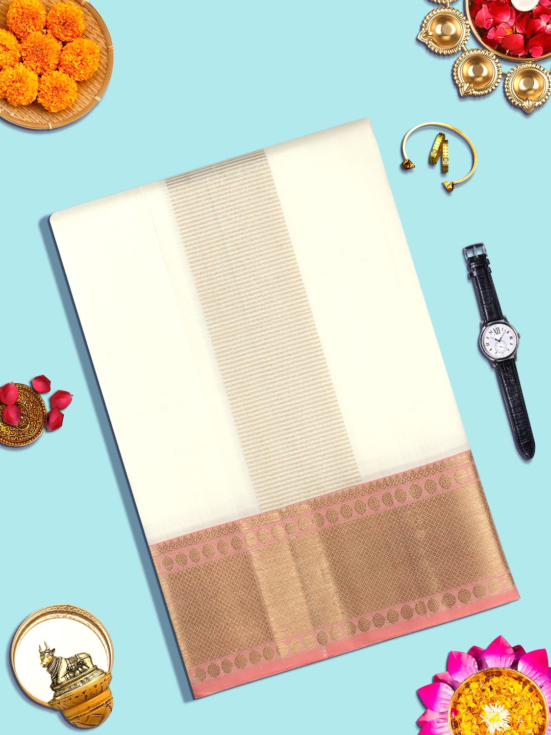 ens Premium Pure Silk Cream Dhoti With Angavastram,Pink gold Fancy Jari Border Amirtham