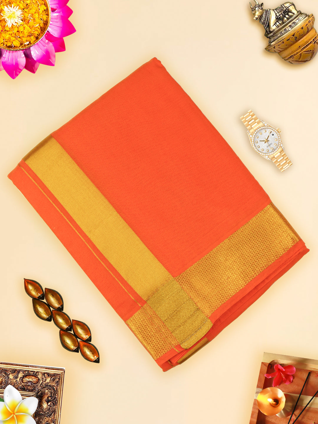 Mens Panchakacham Dhoti with Angavasthram Dheeksha Orange (9+5)