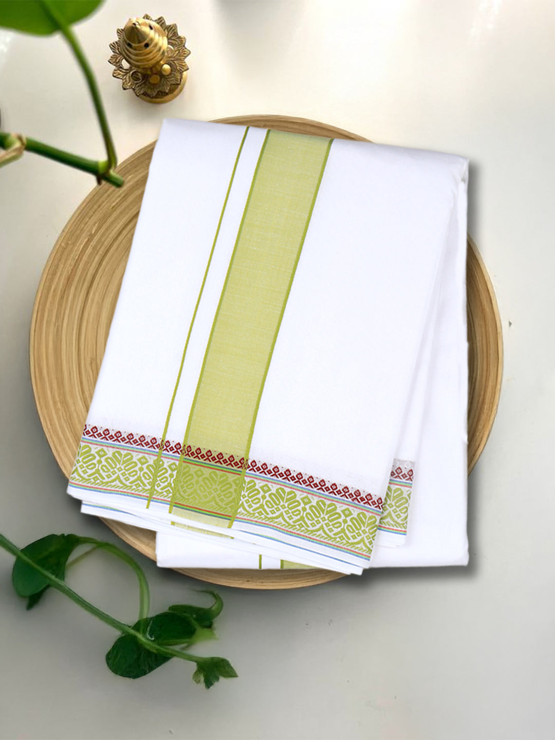 Men Cotton Green Fancy Border Panchakacham with Angavasthram (9+5) JD09