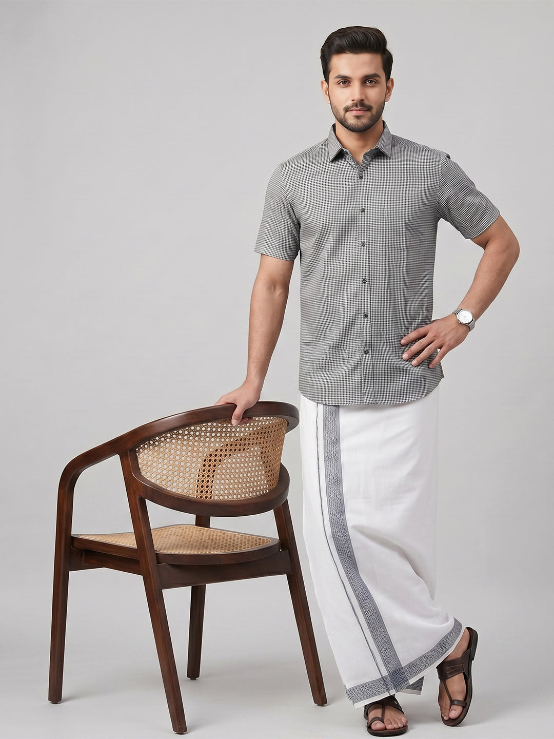 Men Greyish Blue Matching Border Dhoti With Printed Shirt Set Windsor HNJ1