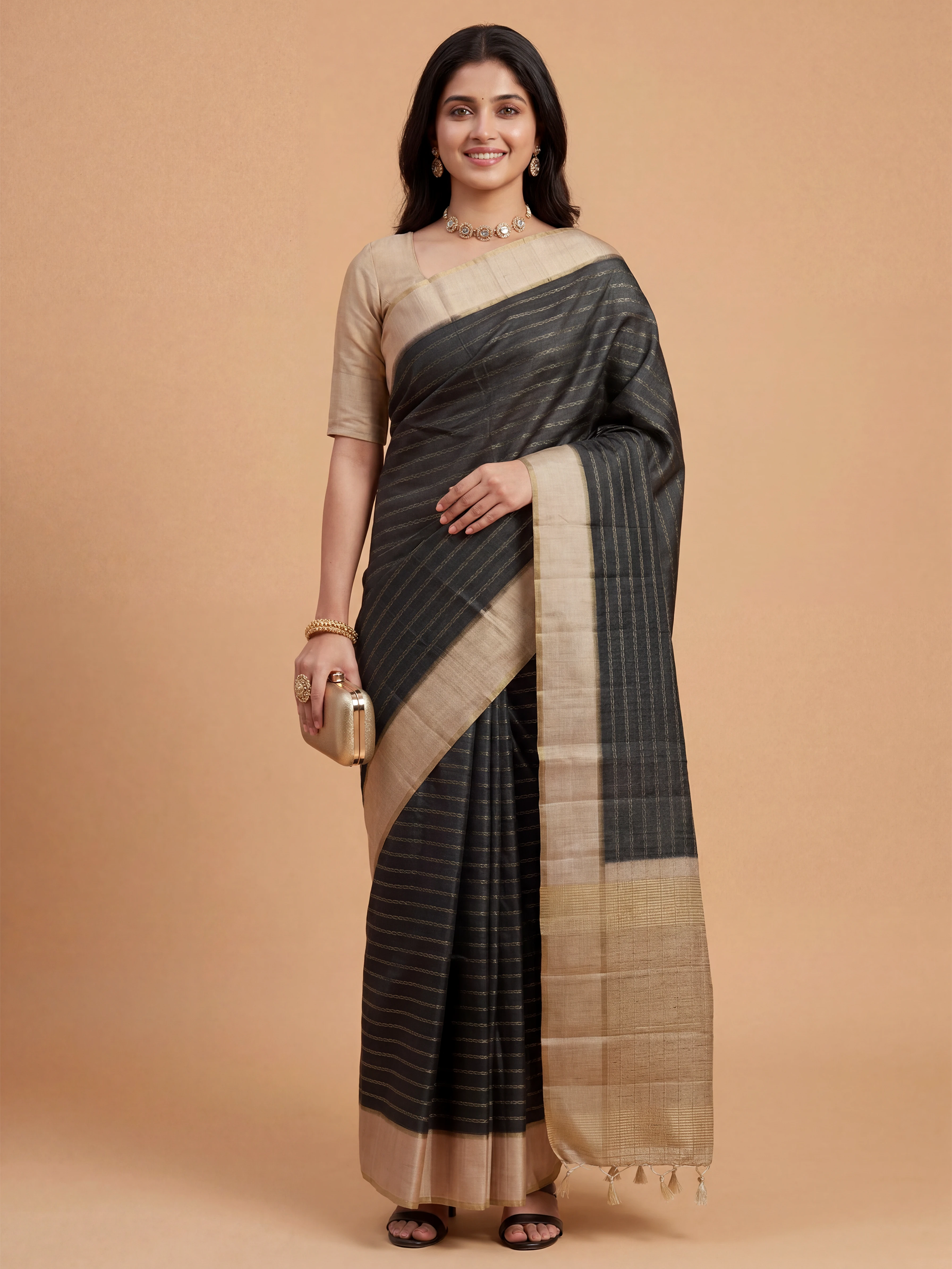 Women Semi Tussar Grey Saree ST334
