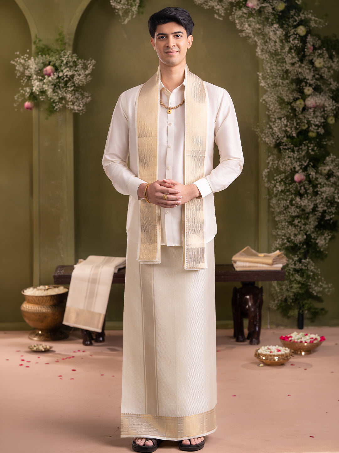 Pure Silk Cream Jangla Design Weaving Wedding Dhoti & Towel Set with 3" Jari Border – Virutcham