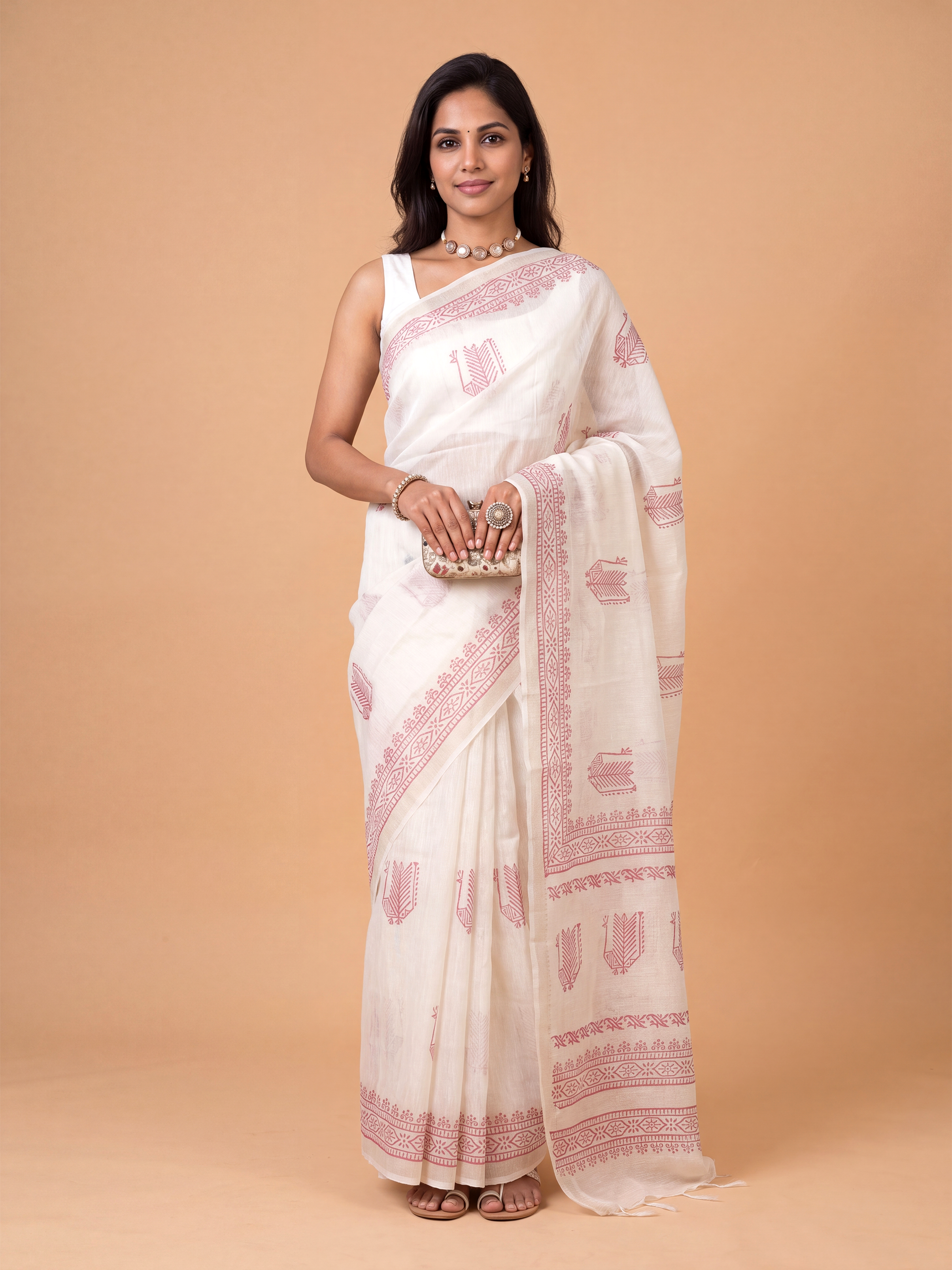Women White Semi Chanderi Cotton Printed Saree SC85