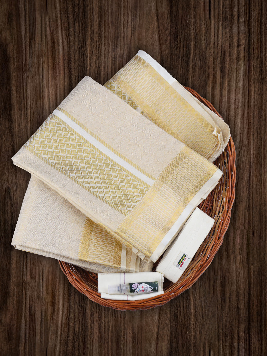 Men Tissue Dhoti Shirting & Towel Set Cream Golden Glory GG01