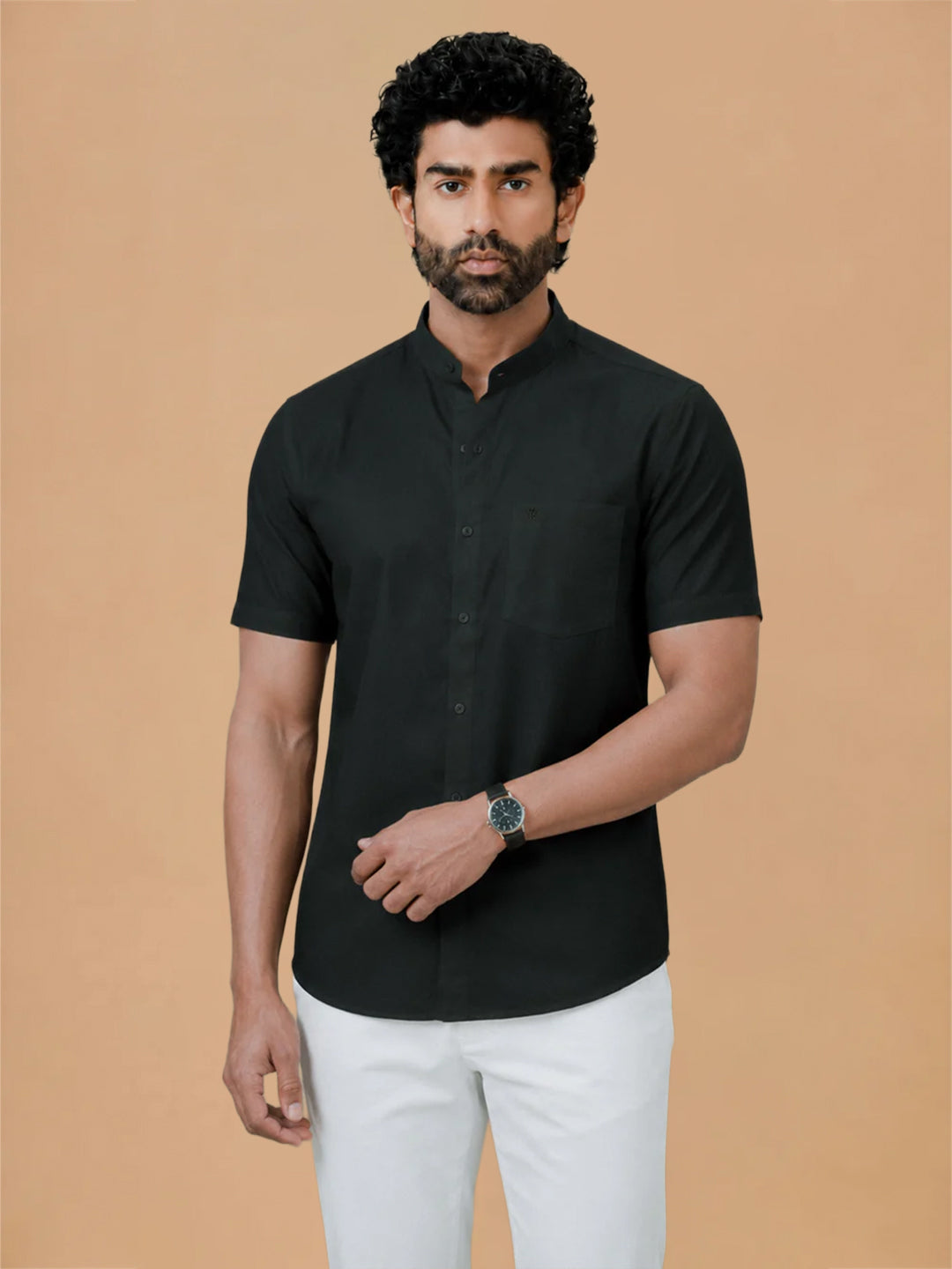 Cotton Rich Chinese Collar Regular Fit Black Shirt