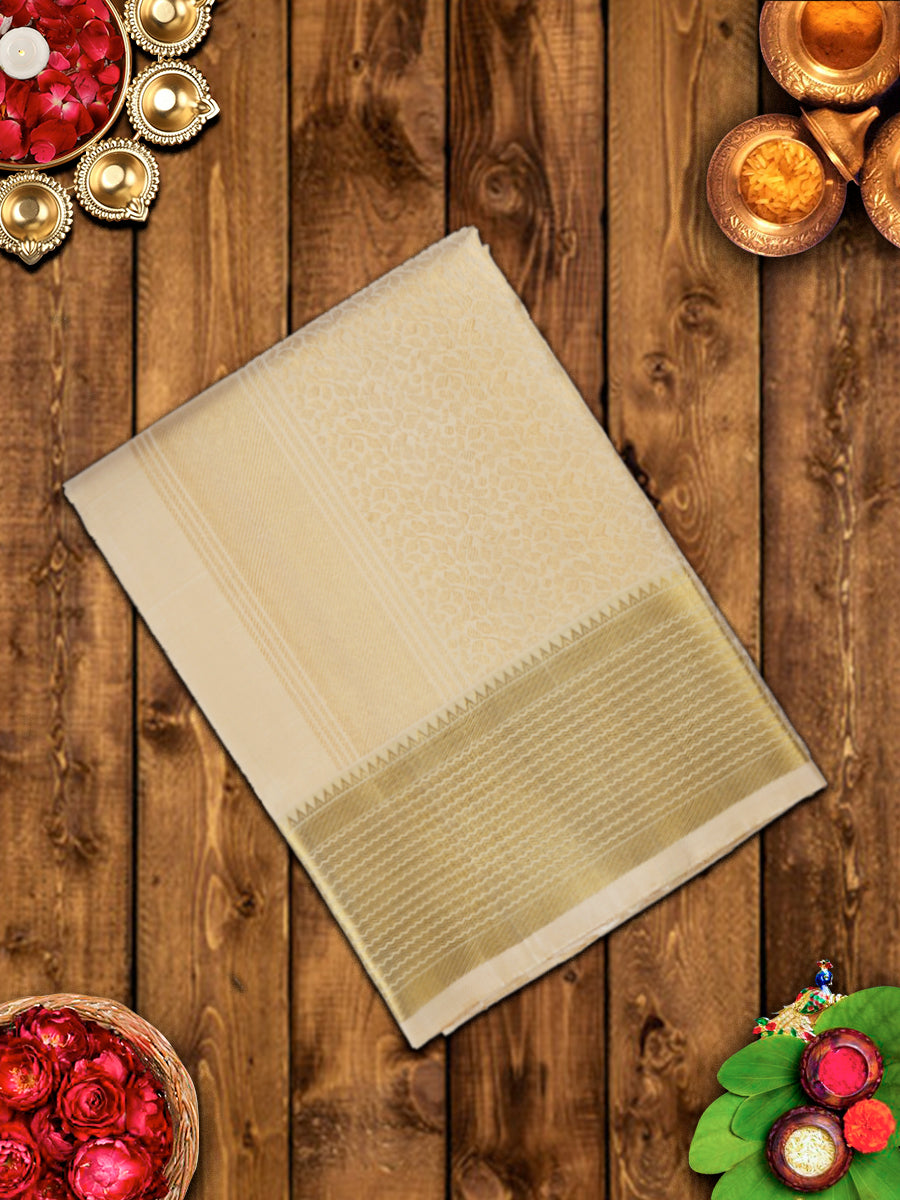 Premium Pure Silk Cream Flower Design Dhoti With Angavastram 5" Jari Border Agarshanaa-view one
