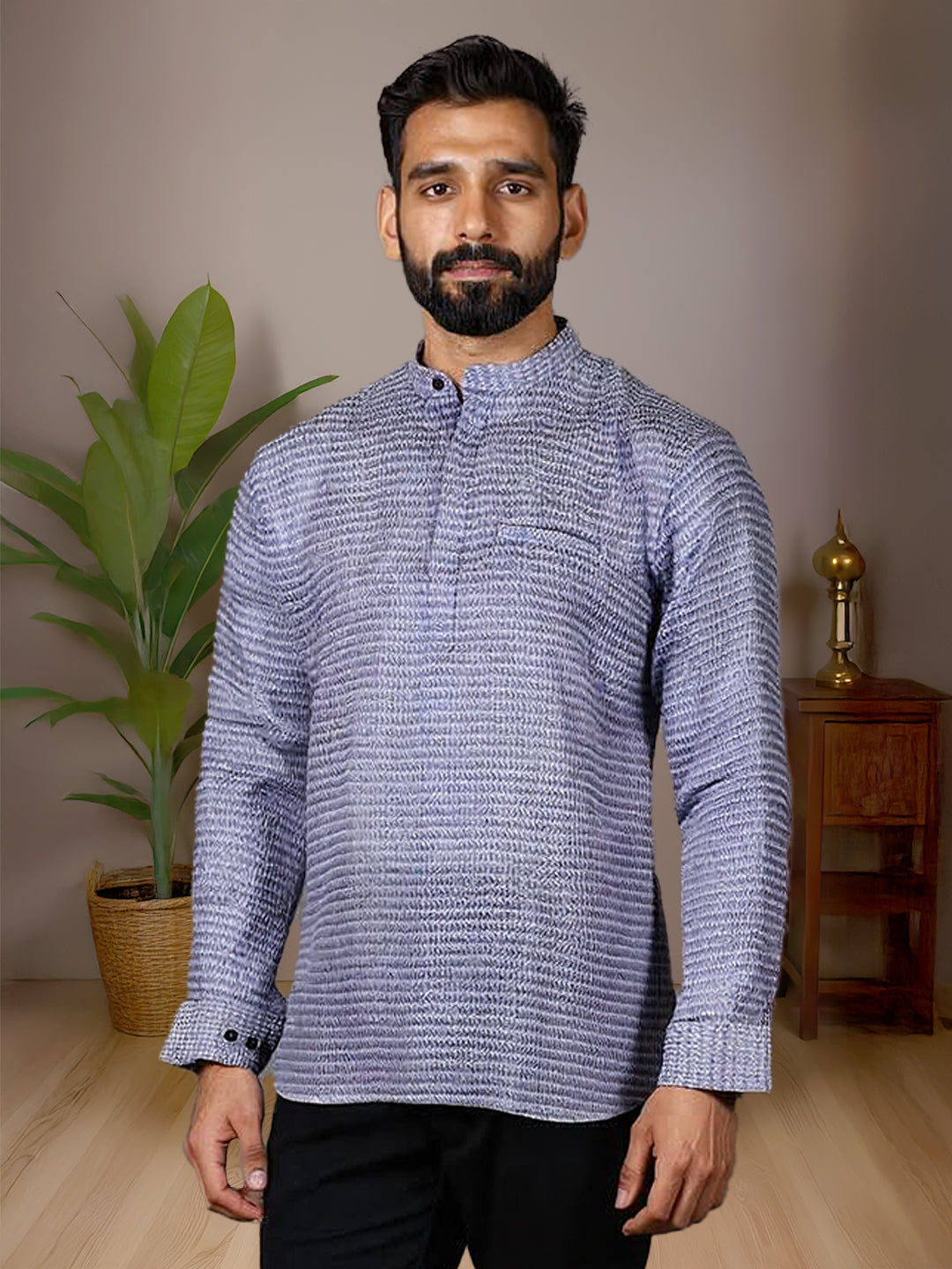 Men Cotton Short Length Self Design Pocket Kurta Denim Blue RJ44