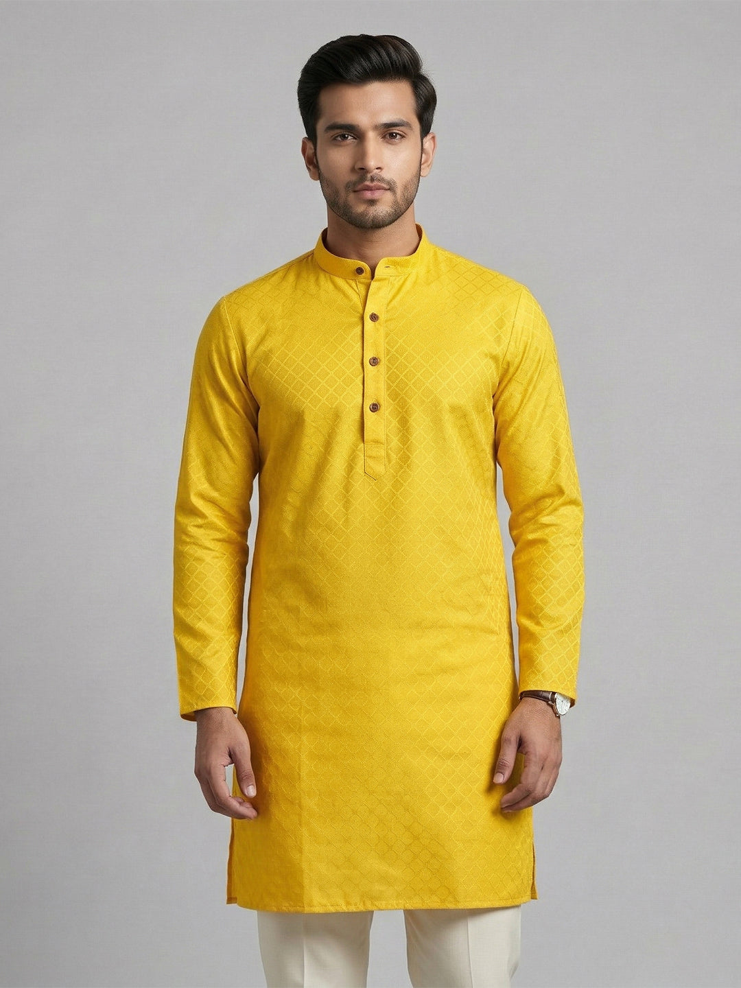 Cotton Medium Length Self Design Pocket Kurta Yellow D4