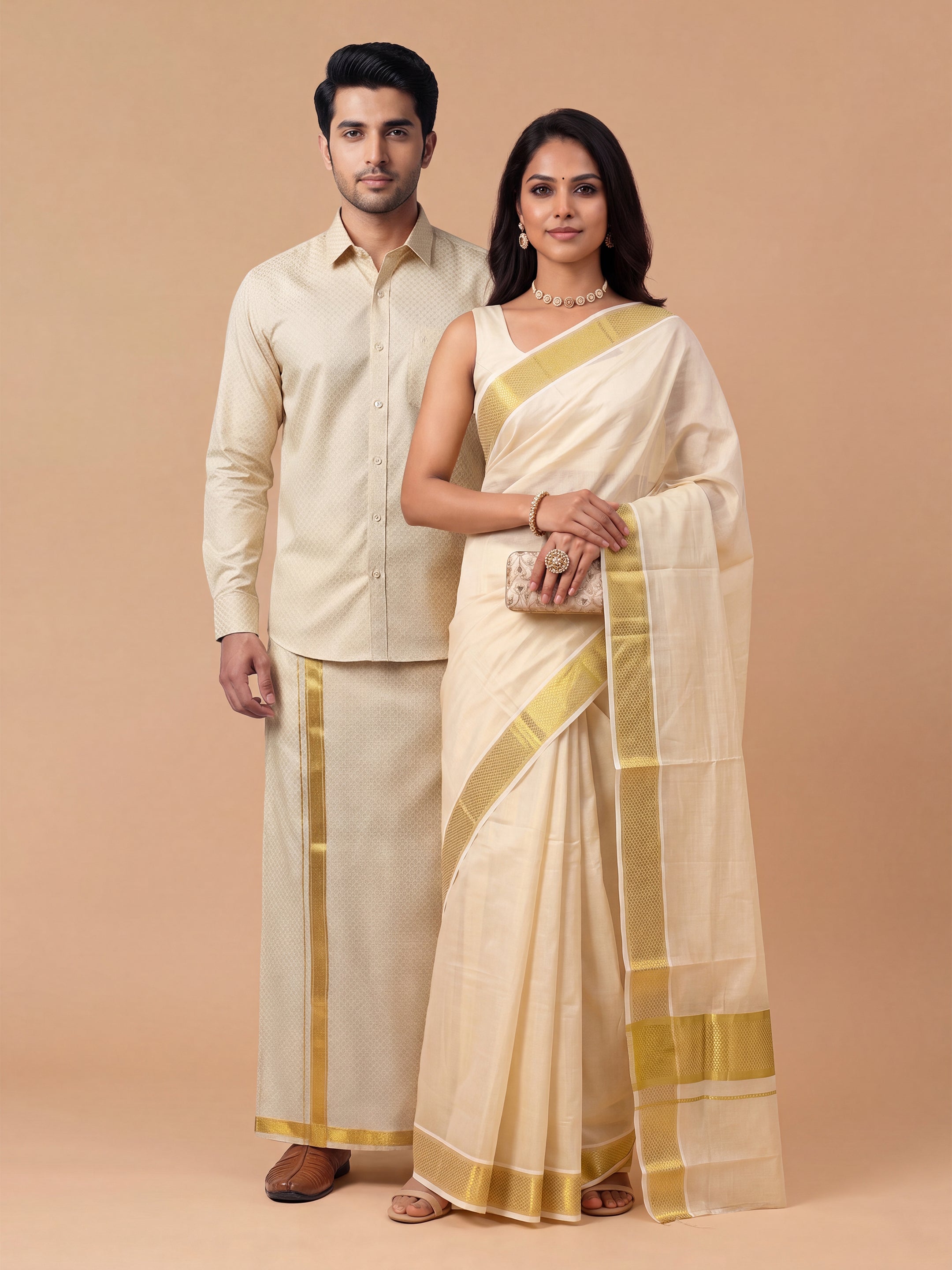 Couple Combo Gold Shirt & Dhoti Set with Saree KLS24