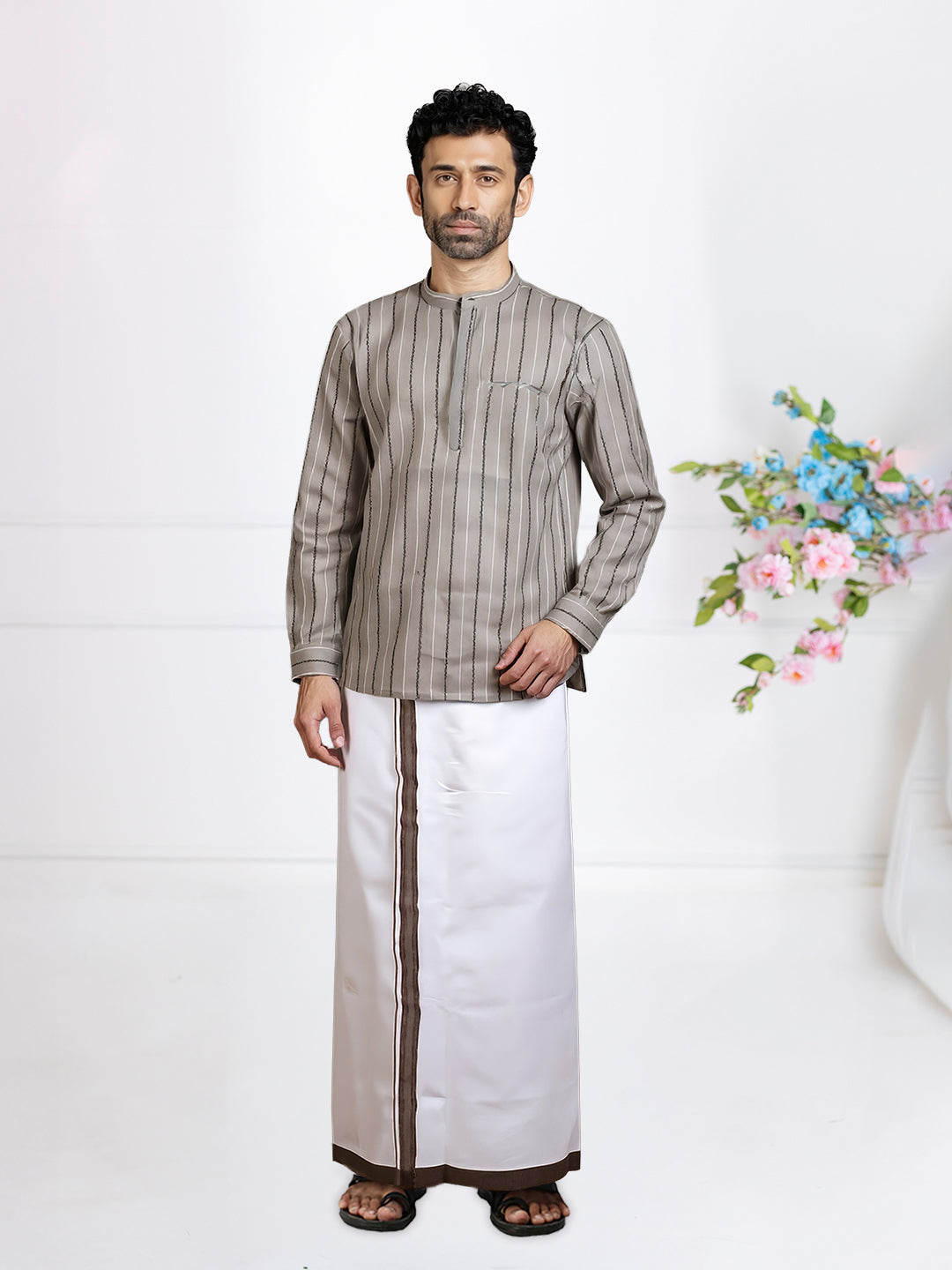 Men Silver Grey Short Length Kurta with Matching Border Dhoti Set RJ35
